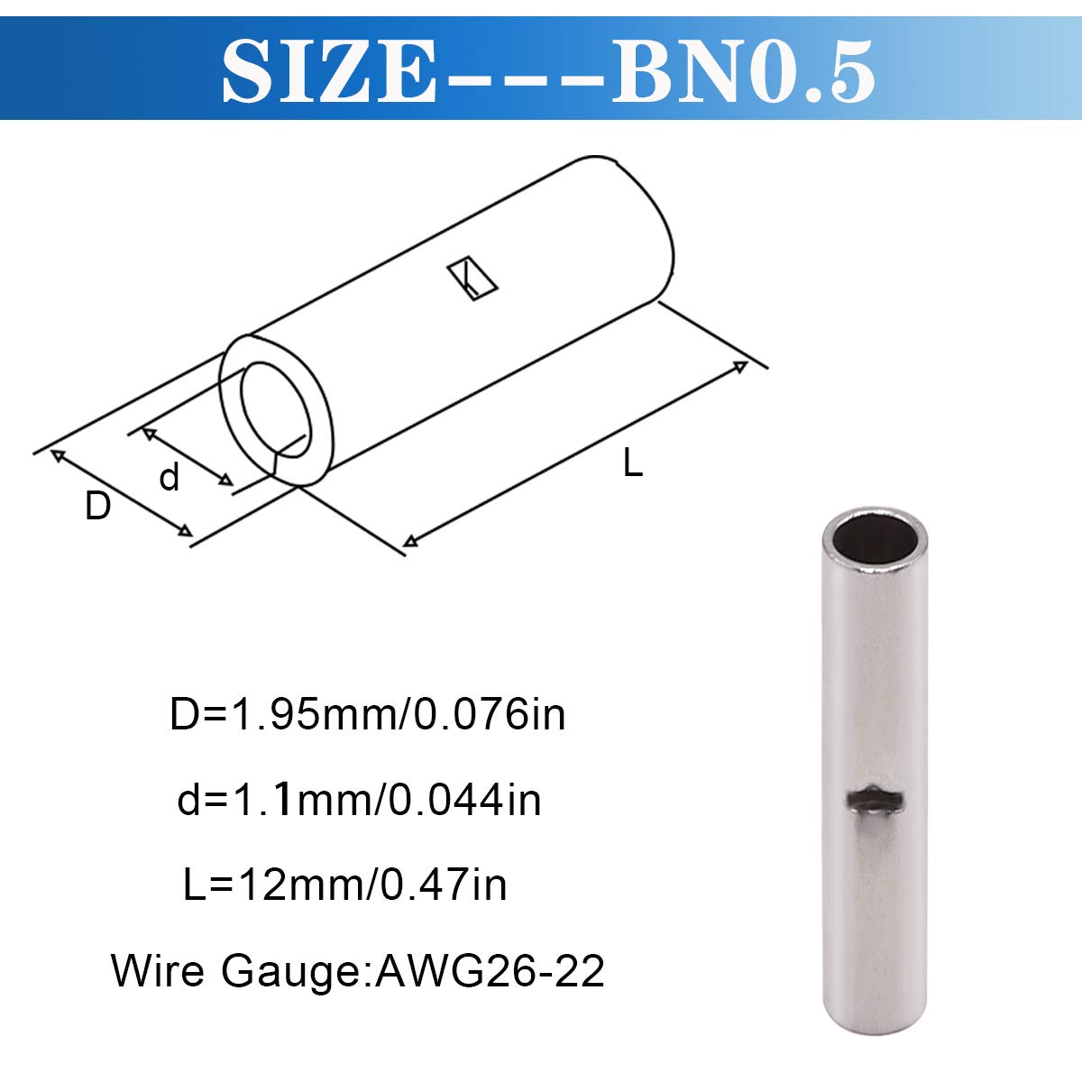 120 Pcs 26-22 AWG Non Insulated Butt Connectors, Seamless Crimp Terminals for Electrical Wiring - Automotive, Marine & DIY Electrical Projects