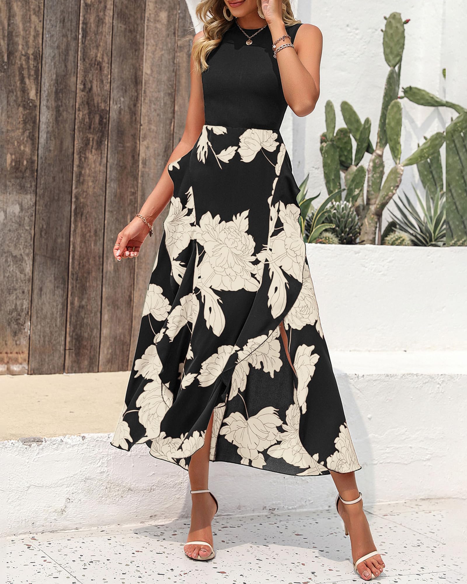 BTFBM Women's Sleeveless Boho Floral Patchwork Midi Dress - Summer & Spring Casual Cocktail Party Dress with Ruffles & Crewneck | Perfect for Beach Vacations, Date Nights & Outdoor Events