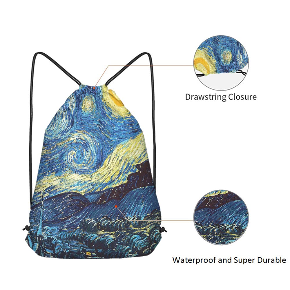 Van Gogh Starry Night Backpack - Classic Art Painting Drawstring Bag for Gym, Yoga & Travel | Moon & Stars Universe Design | Sport Sack for Men & Women | Perfect for Workouts, Beach & Daily Use