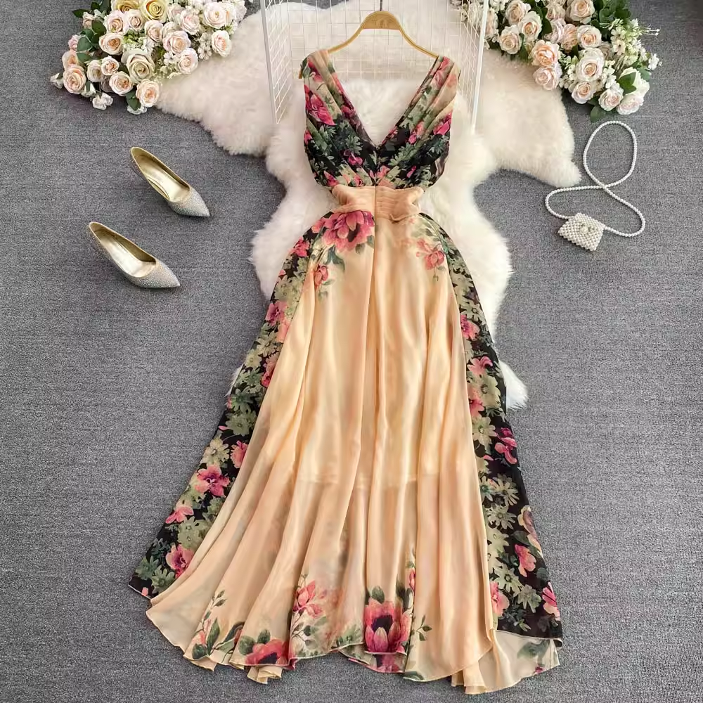 Elegant V-Neck Printed A-Line Dress for Women - Flowy Summer Casual Dress with Pockets | Perfect for Parties, Weddings & Office Wear