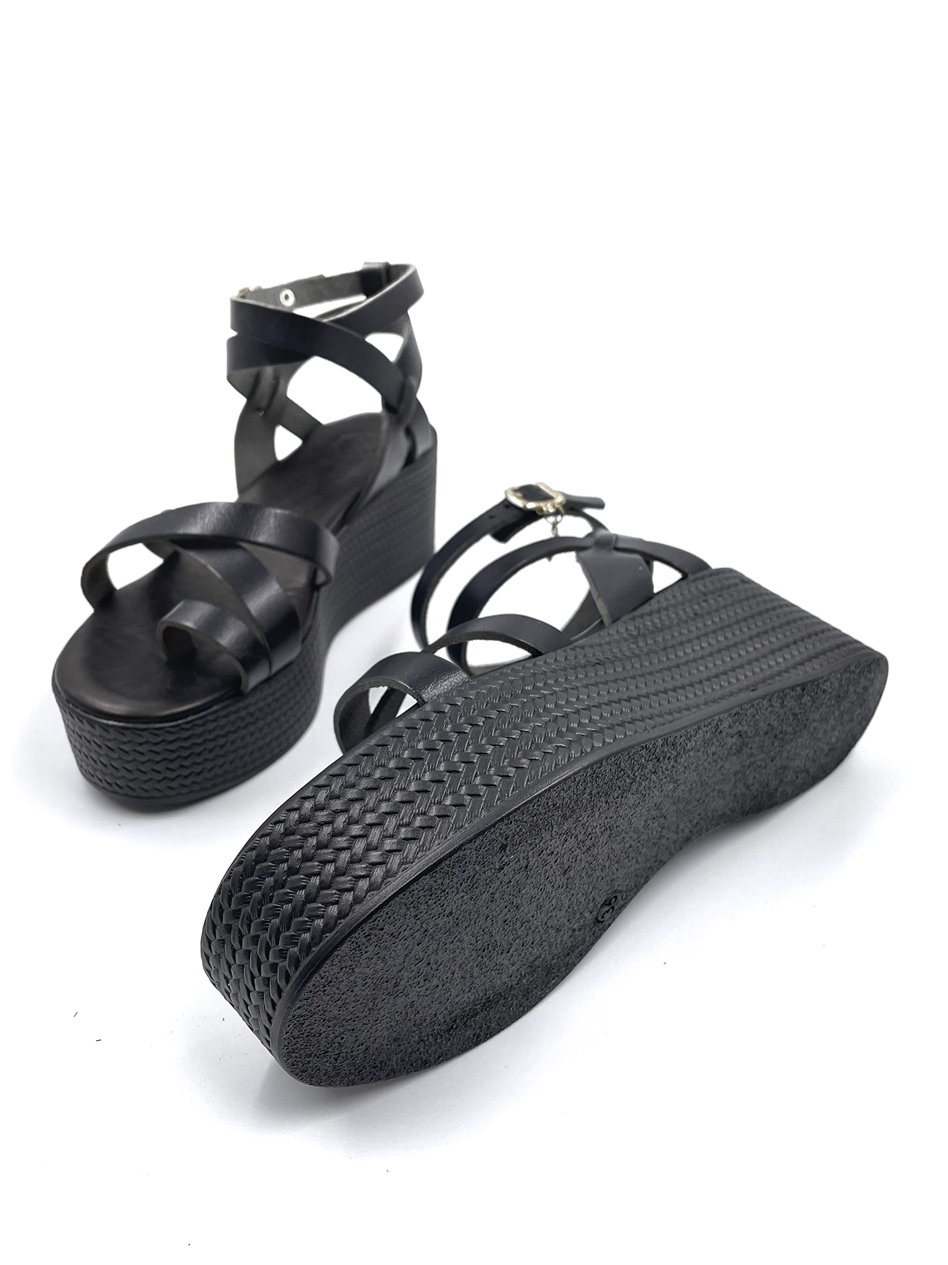 Black Leather Platform Sandals for Women - Genuine Greek Style High Wedge Sandals - Comfortable Summer Fashion Shoes for Casual Outings, Beach Vacations & Date Nights (Size 8)