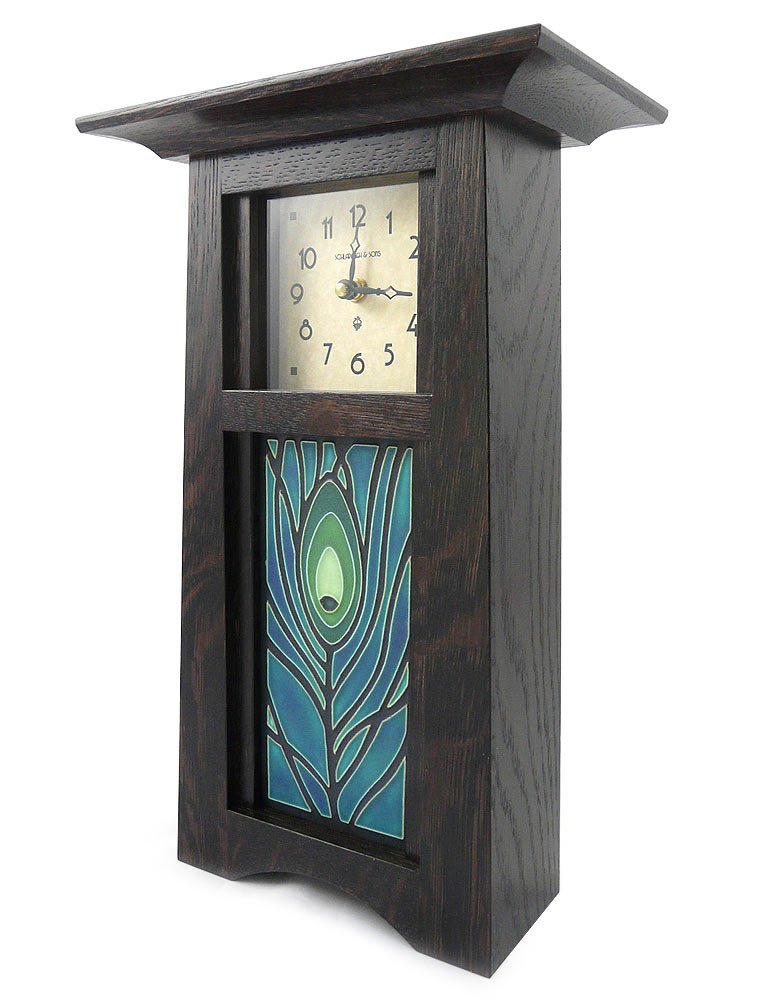 American Made Craftsman Style Oak Wood Mantel Clock with Peacock Feather Art Tile, Slate Finish, 15