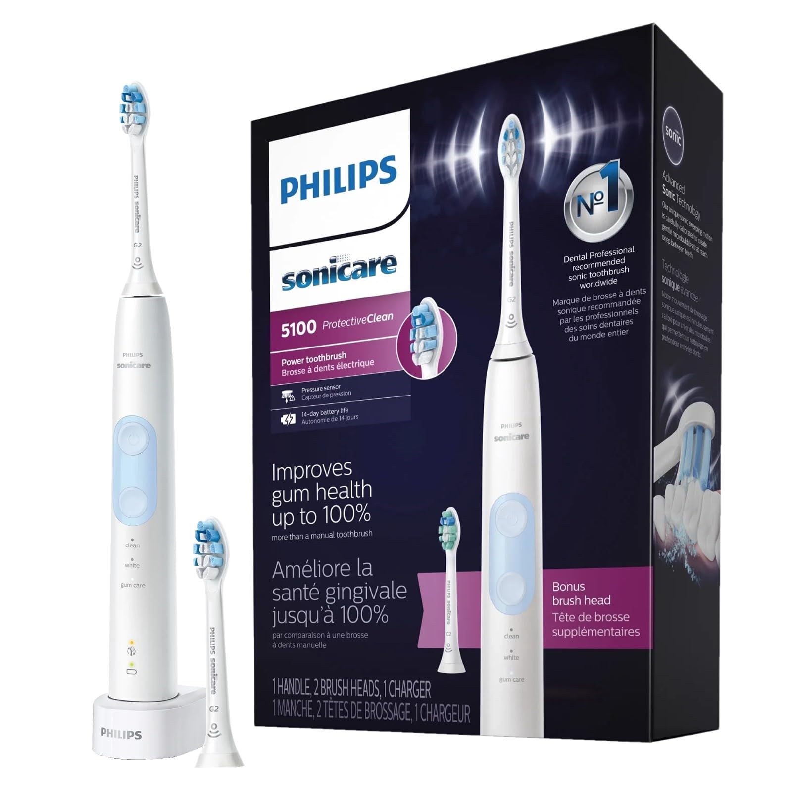 Philips Sonicare ProtectiveClean 6100 Rechargeable Electric Toothbrush with Pressure Sensor & Plaque Control Brush Head - Professional Sonic Toothbrush for Whitening, Gum Health & Deep Cleaning - Perfect for Travel, Home & Daily Oral Care