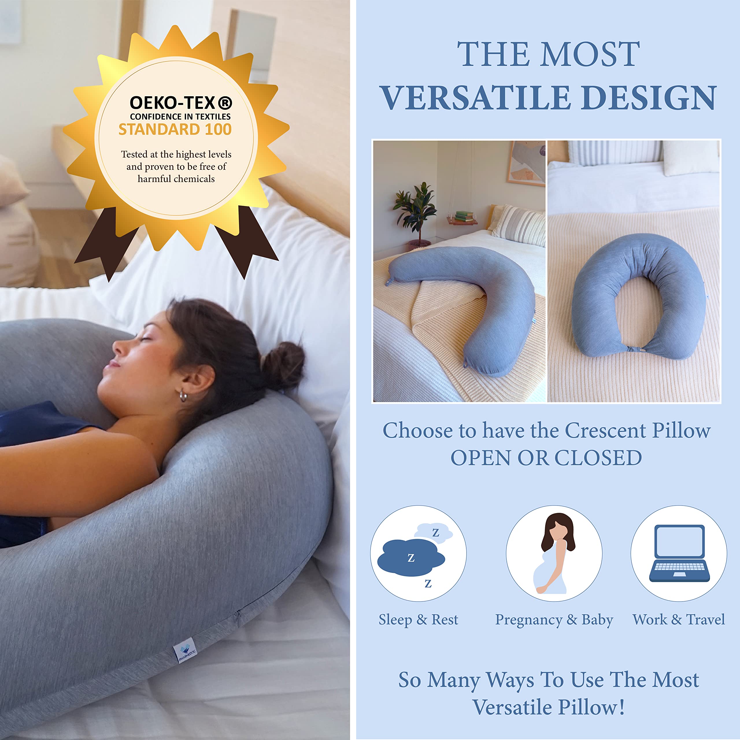 Pharmedoc Crescent Cooling Pregnancy Pillow for Adults - Maternity & Nursing Body Pillow for Side Sleepers - Dark Grey Cooling Cover - Perfect for Pregnancy Comfort, Breastfeeding Support & Better Sleep