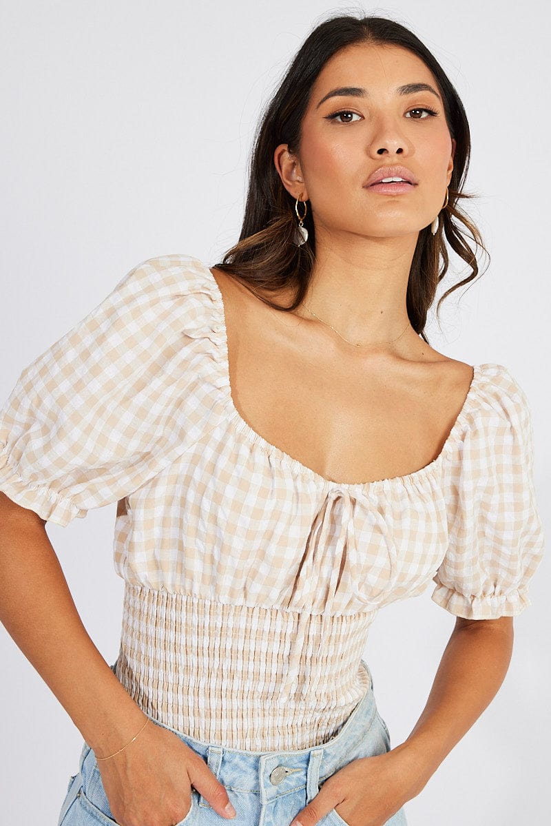 Beige Check Pattern Bodysuit Short Sleeve for Women - Comfortable Stretchy T-Shirt Style Top for Casual Wear & Layering