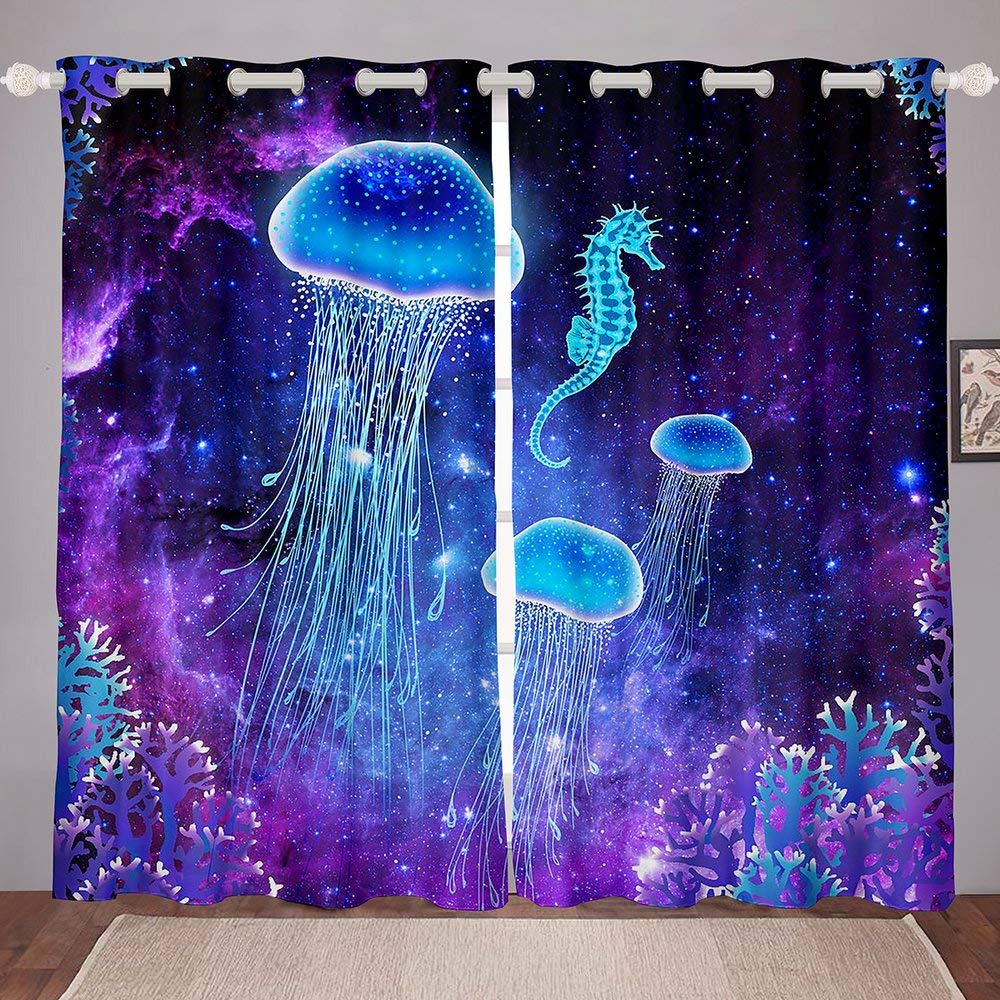**Jellyfish Seahorse Curtains - Lilac Themed Window Drapes with Grommets, Cartoon Rose Flower Design - 2 Panels (76