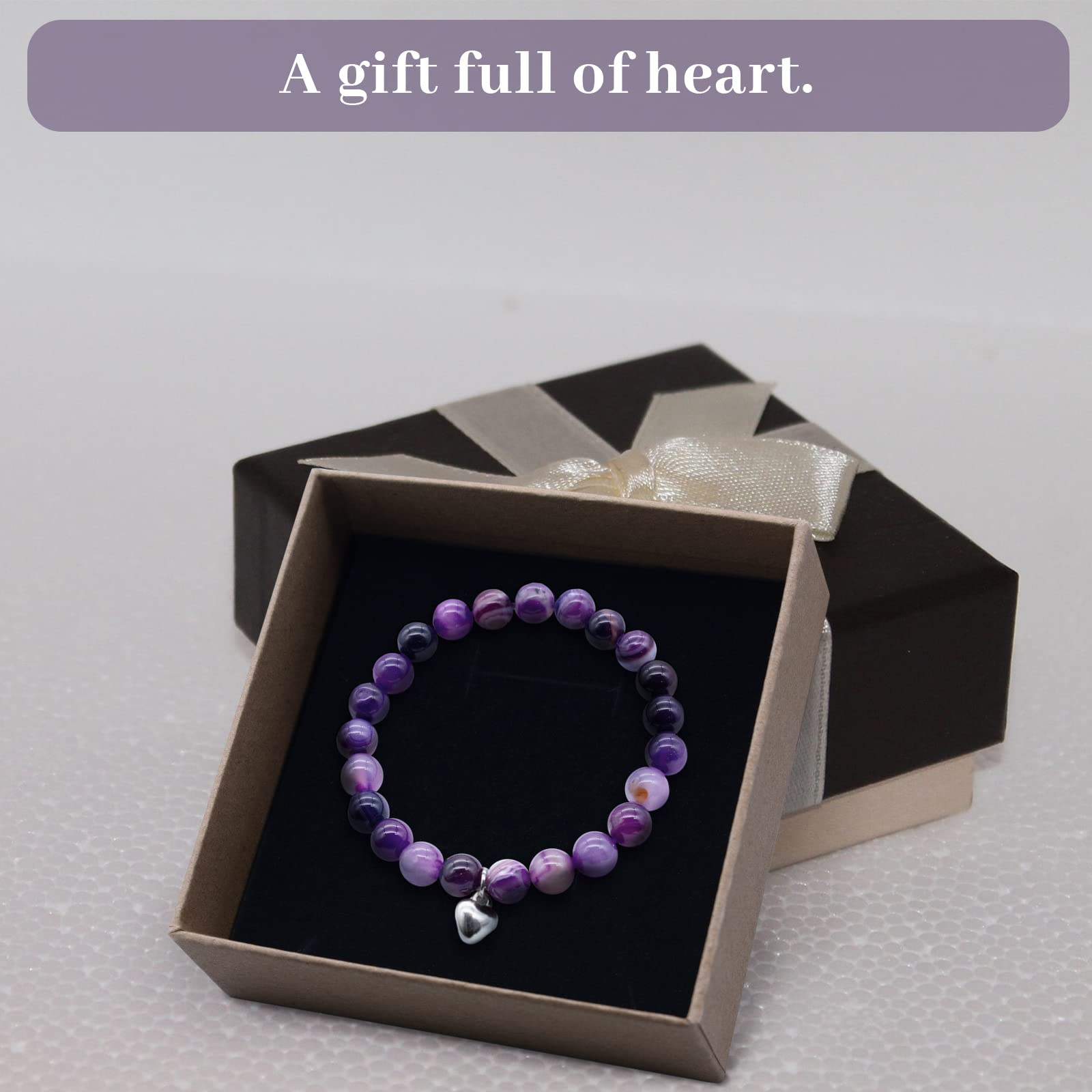 XIACIBDUS 8mm Natural Stone Anxiety Relief Bracelet - Purple Agate Healing Crystal Chakra Bracelet for Women & Men, Gift Box Included | Meditation, Stress Relief, Mother's Day Gift