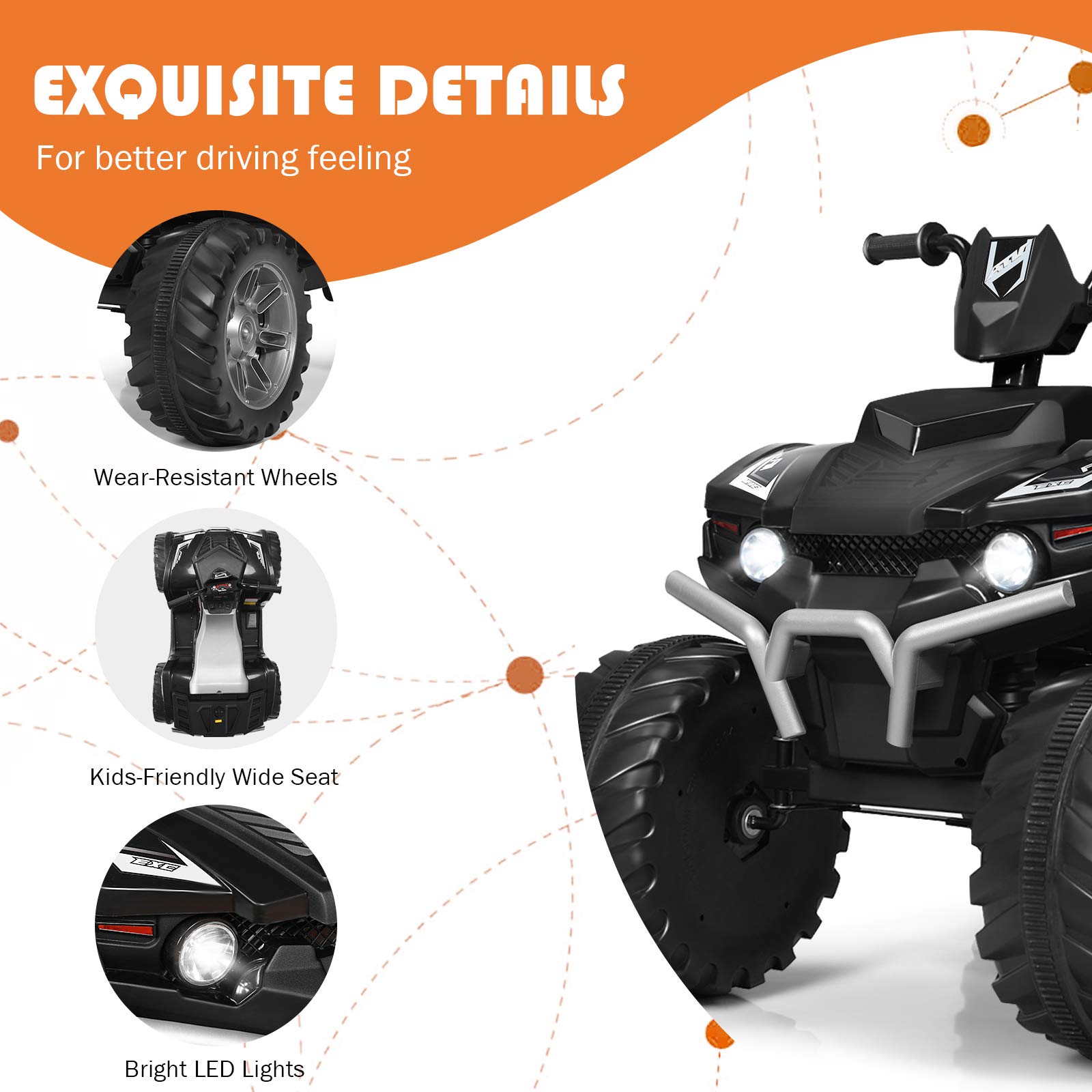 Costzon 12V Kids Electric ATV Ride-On Car with LED Lights, 2 Speed Modes, Horn, Music, USB Port & Treaded Tires - 4 Wheeler Quad for Boys & Girls (Black) | Perfect Birthday Gift & Outdoor Play Vehicle for Ages 3-8