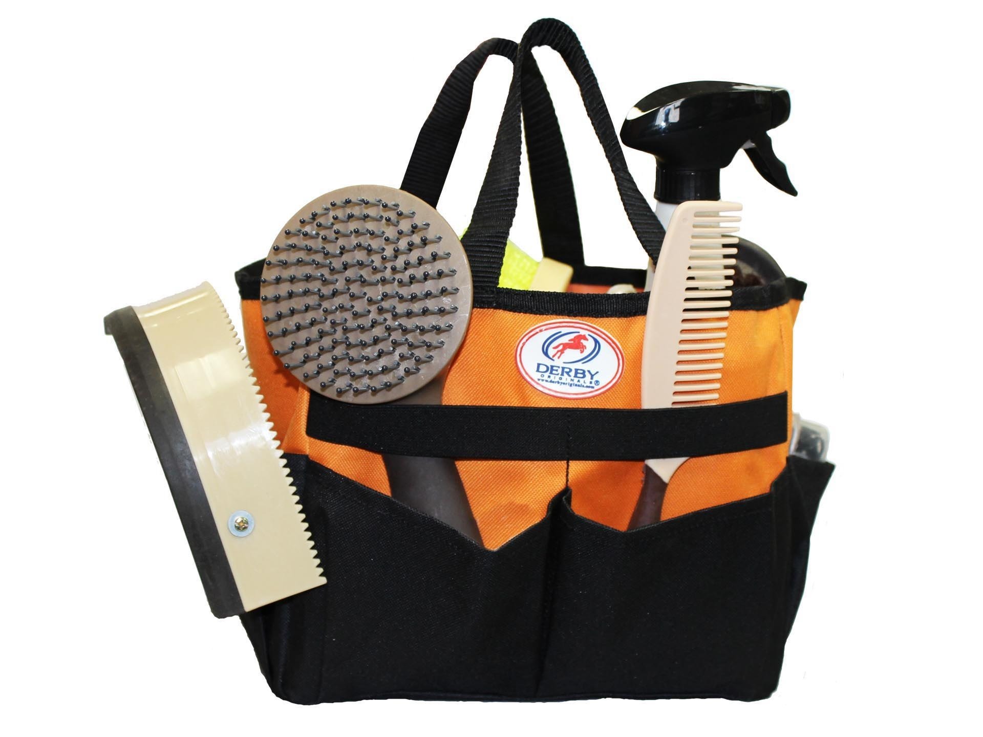 Durable Nylon Horse & Dog Grooming Tote Bag with 6 Pockets & Elastic Straps - Secure Storage for Brushes & Tools (Orange) - Perfect for Stable, Barn & Pet Grooming Sessions