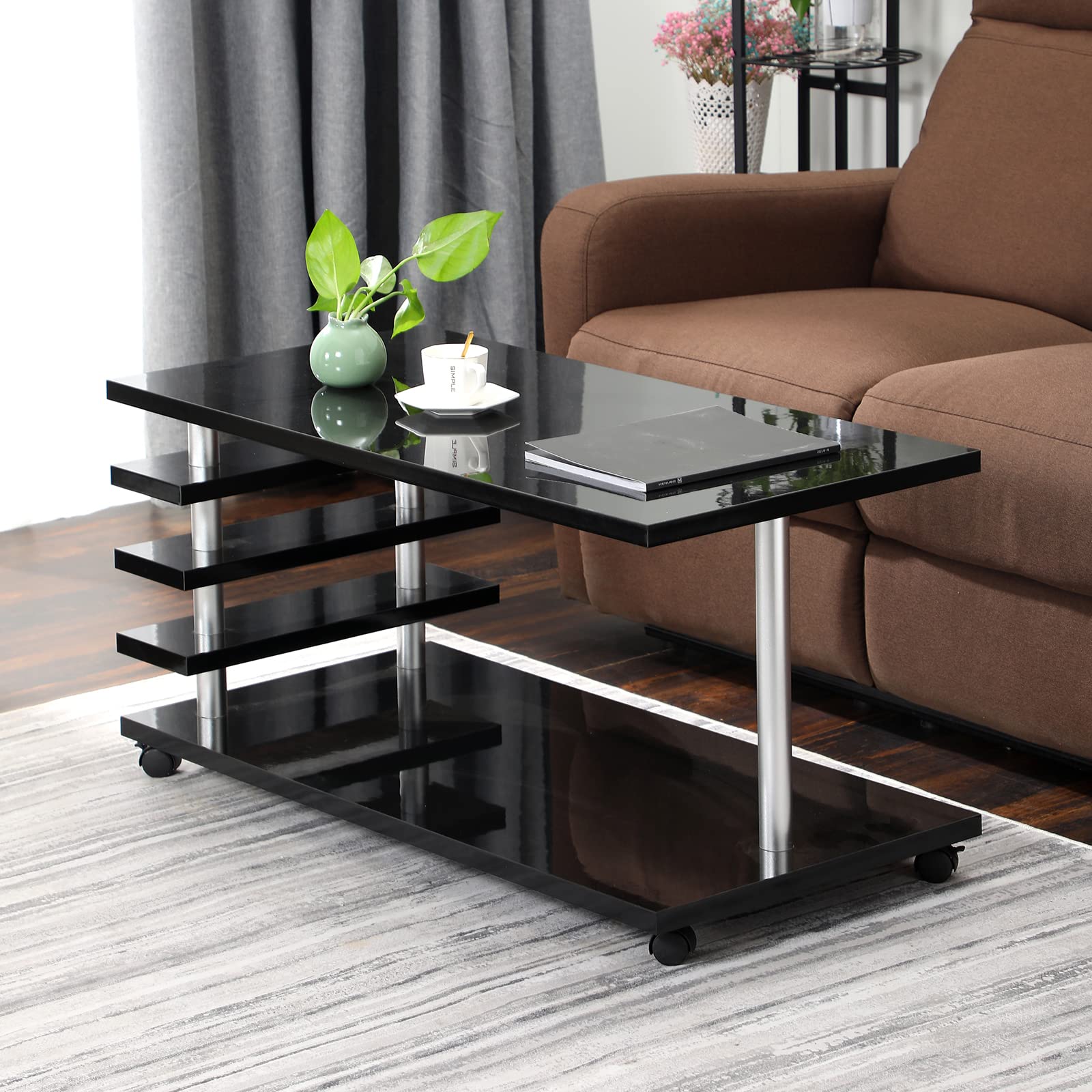 Modern LED Coffee Table with 4 Universal Wheels - High Gloss Mobile End Table for Living Room, Hotel, Bar & Club - 39.4