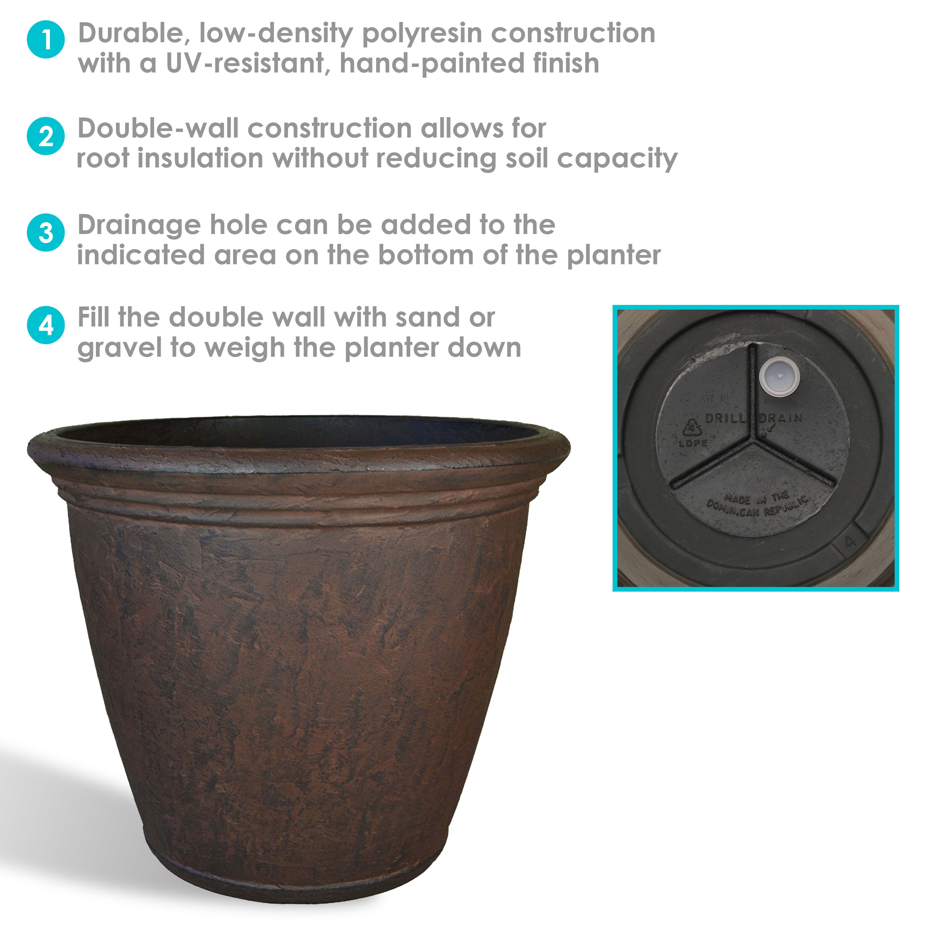 Sunnydaze Anjelica Outdoor Resin Planter - 15.25 Inch Diameter, Weather-Resistant Garden Decor for Patio, Yard & Balcony