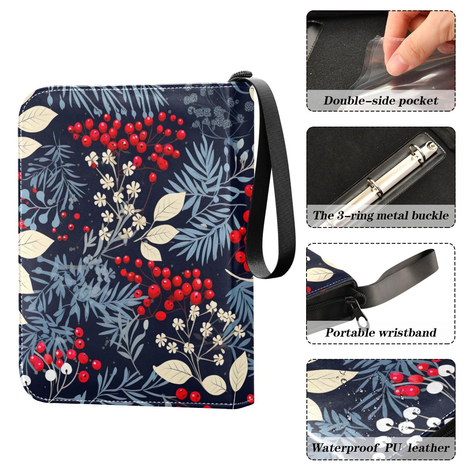 Christmas Hollyhock Leaves 4-Pocket Trading Card Binder with 50 Sleeves - Holds 400 Cards, 3-Ring Collector Album for Football, Baseball & Trading Cards - Perfect for Collectors, Gamers & Gift-Giving