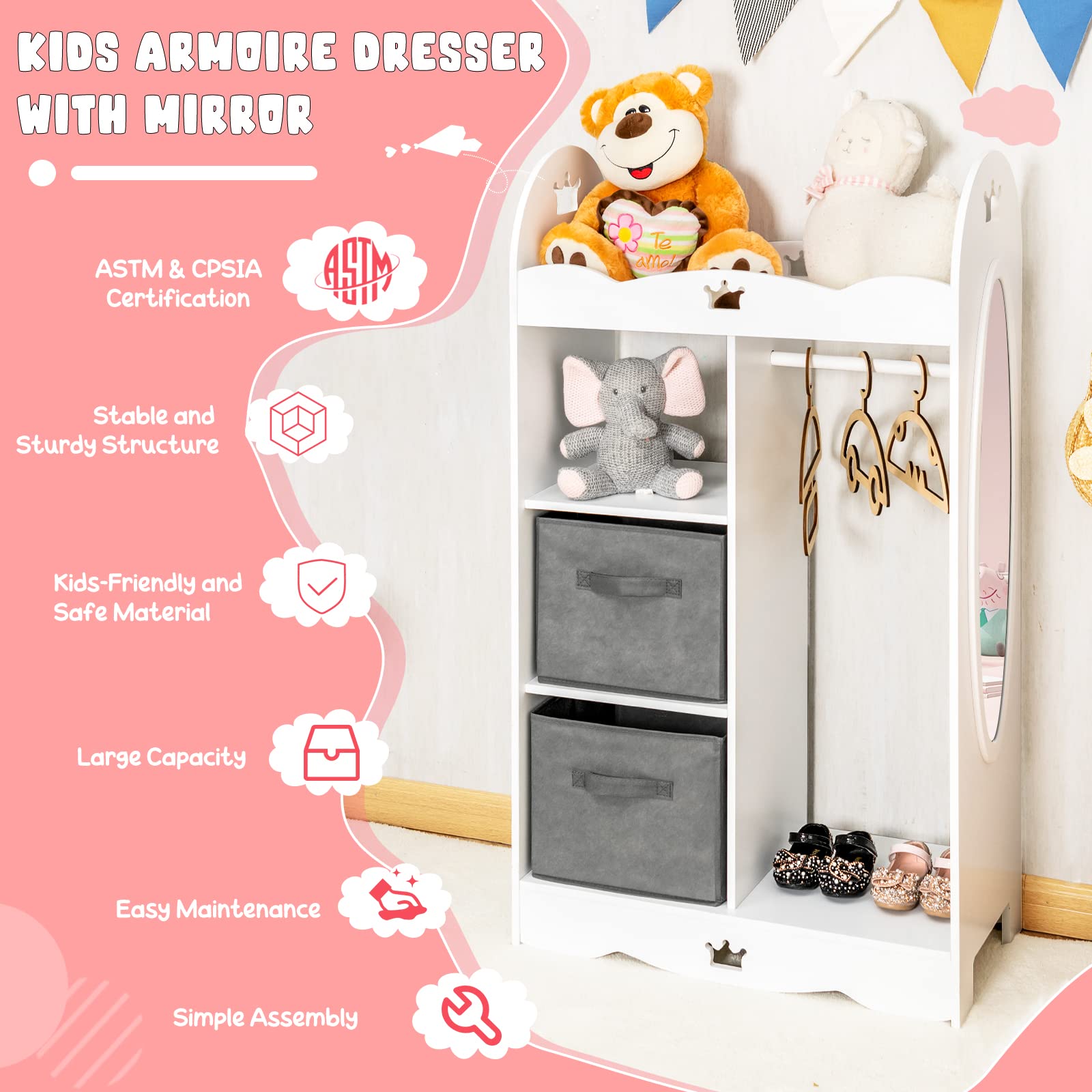 Costzon Kids Dress Up Storage Wardrobe with Mirror & Hangers - White Crown Pattern Toy Organizer for Pretend Play Costumes | Perfect for Bedroom & Playroom Organization | Toddler Closet & Dress Up Storage Solution