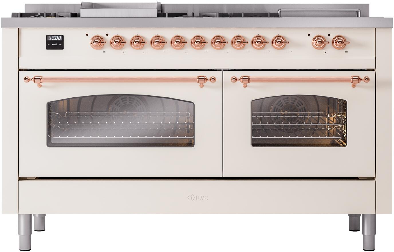 ILVE Nostalgie II 60-Inch Dual Fuel Natural Gas Range with Copper Trim - Antique White Finish (UP60FSNMPAWP) | Professional Kitchen Appliance for Home Chefs & Gourmet Cooking