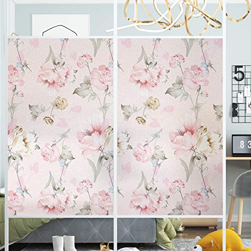 Pink Flower Window Privacy Film - No Glue Static Cling Window Cover for Bathroom, Sliding Doors & Home Décor - 15.7