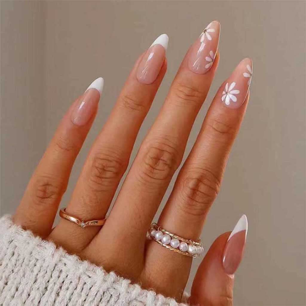 White Press on Nails Medium Length - Floral French Tip Fake Nails for Women | Almond Shaped Acrylic Nails | Perfect for Weddings, Parties & Everyday Wear