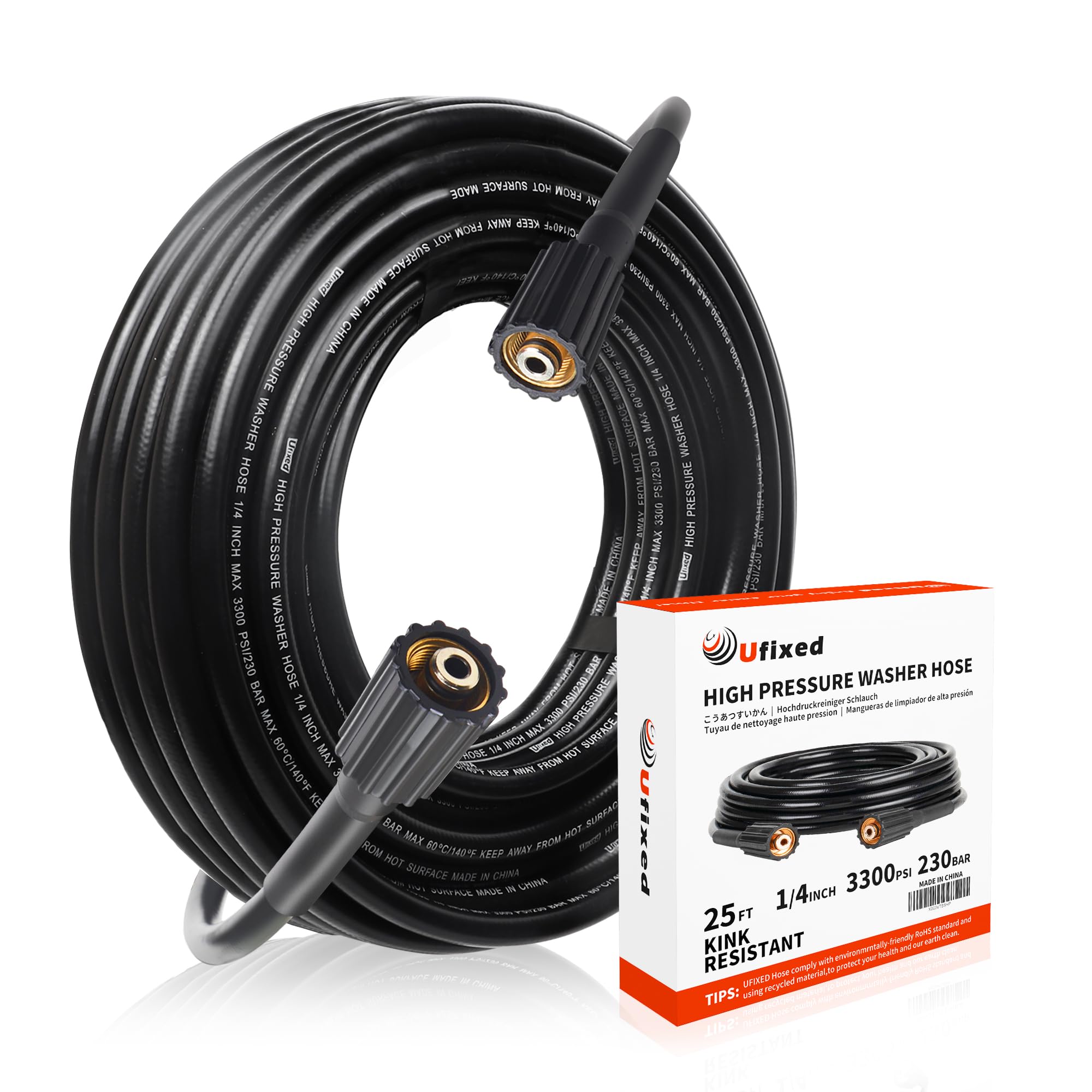 Ufixed 25FT 3300 PSI Pressure Washer Hose - Lightweight & Durable for Outdoor Cleaning