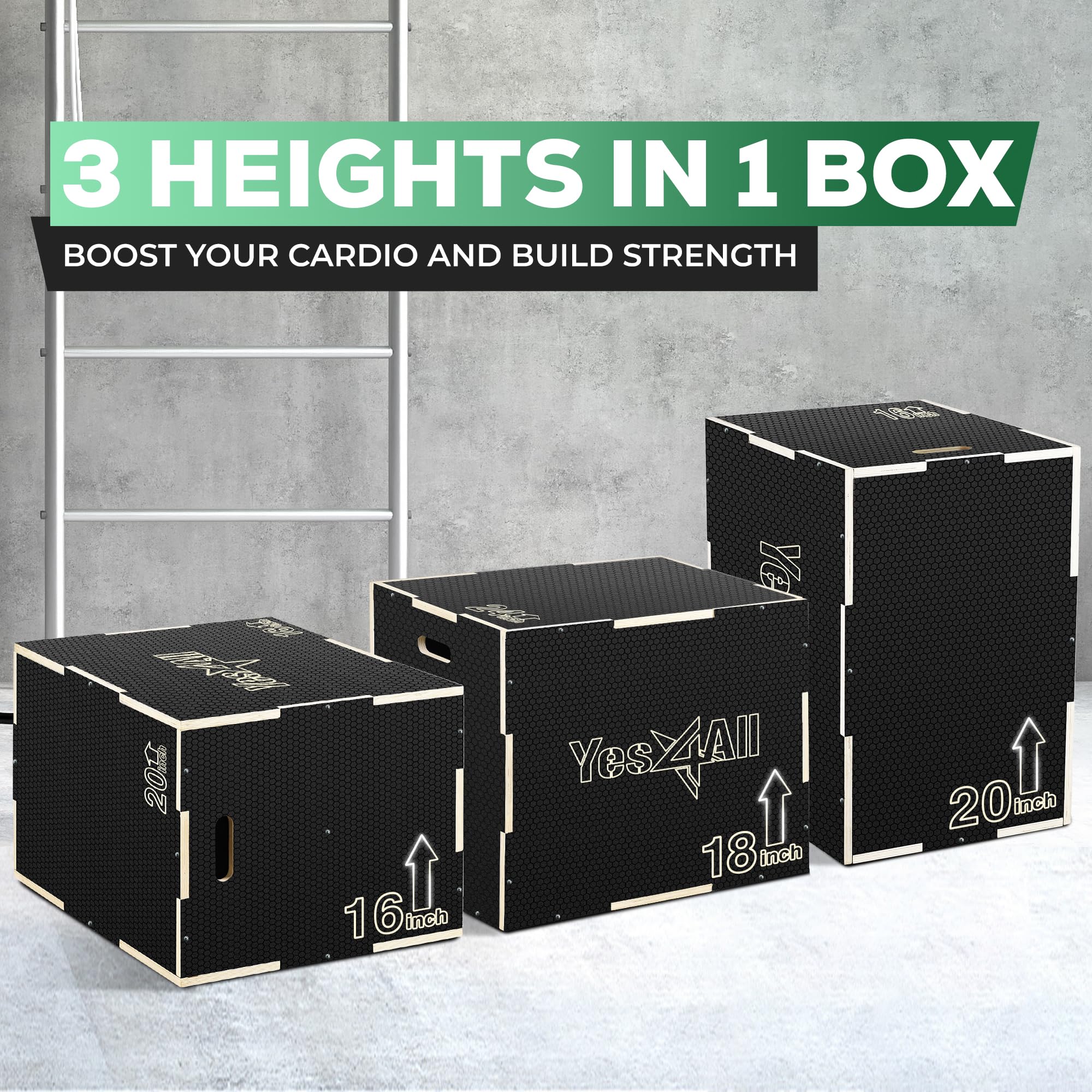 Yes4All 3-in-1 Non-Slip Wooden Plyo Box - Adjustable Workout Step Up Box for Plyometrics, Jump Training, Squats & Dips | Perfect for Home Gym, CrossFit & HIIT Workouts