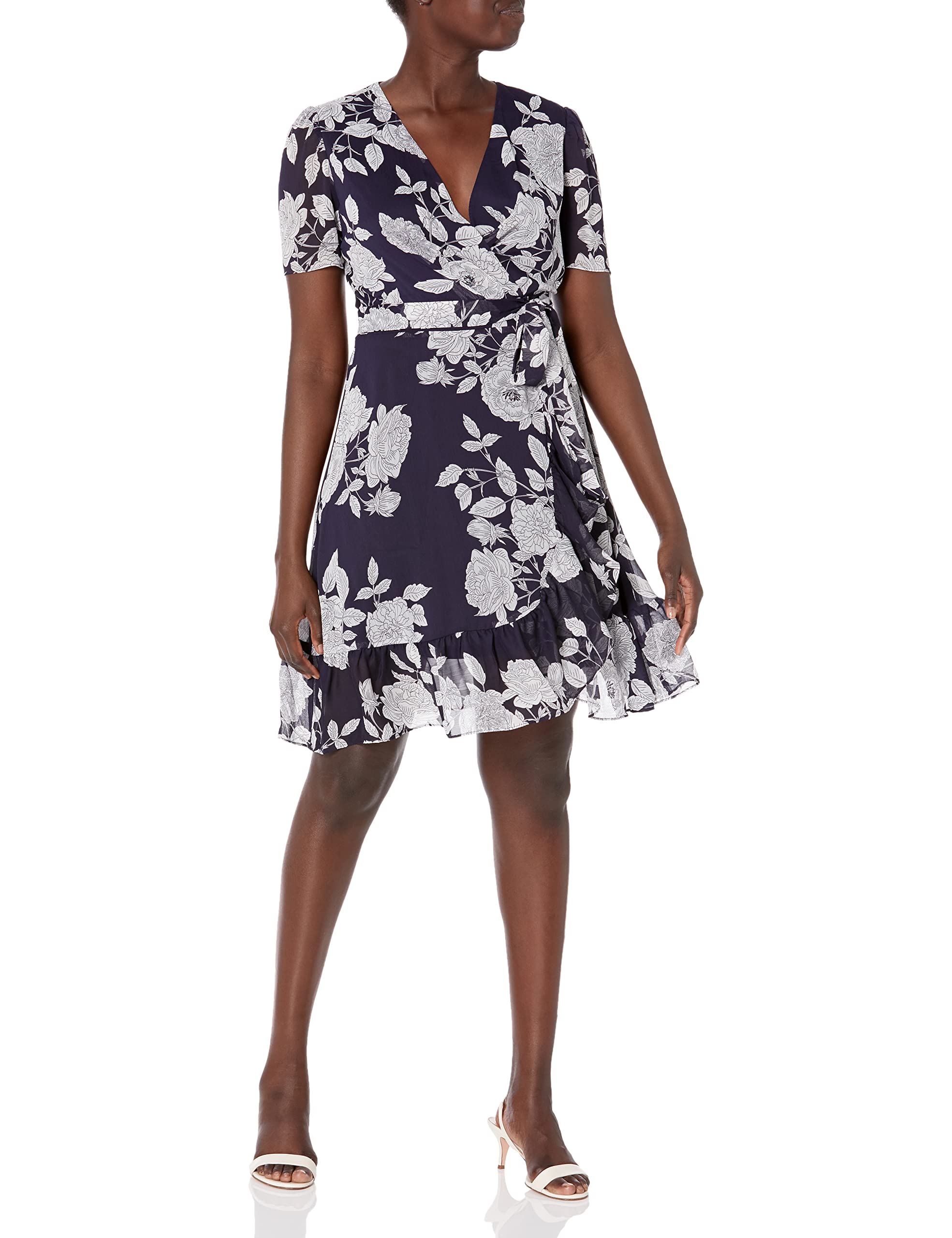 London Times Women's Faux Wrap Dress with Ruffle Skirt - Elegant Office & Career Wear for Women, Perfect for Work, Cocktail Parties & Special Occasions