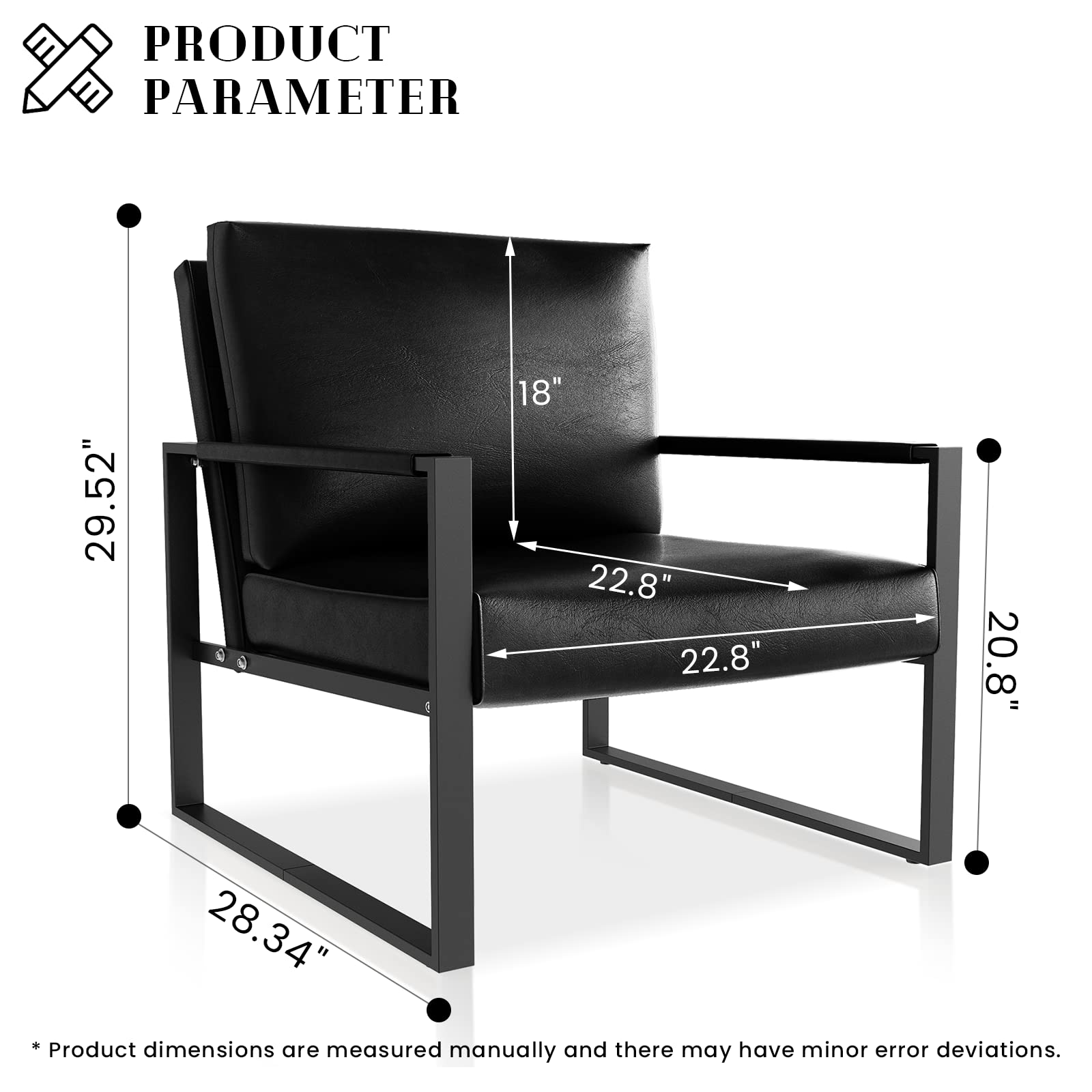Mid-Century Modern PU Leather Accent Chair with Extra-Large Ergonomic Cushion - Sturdy Metal Frame & Anti-Scratch Foot Mats - Single Sofa Armchair for Living Room, Bedroom, Office & Lounge Areas