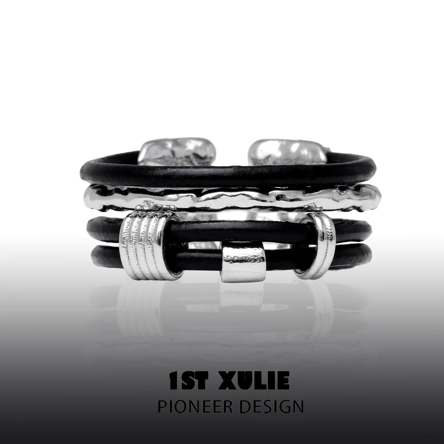 Black Mirror Cowhide Sterling Silver 925 Adjustable Ring for Women & Men - Boho Chic Jewelry for Everyday Wear, Gift Giving & Special Occasions