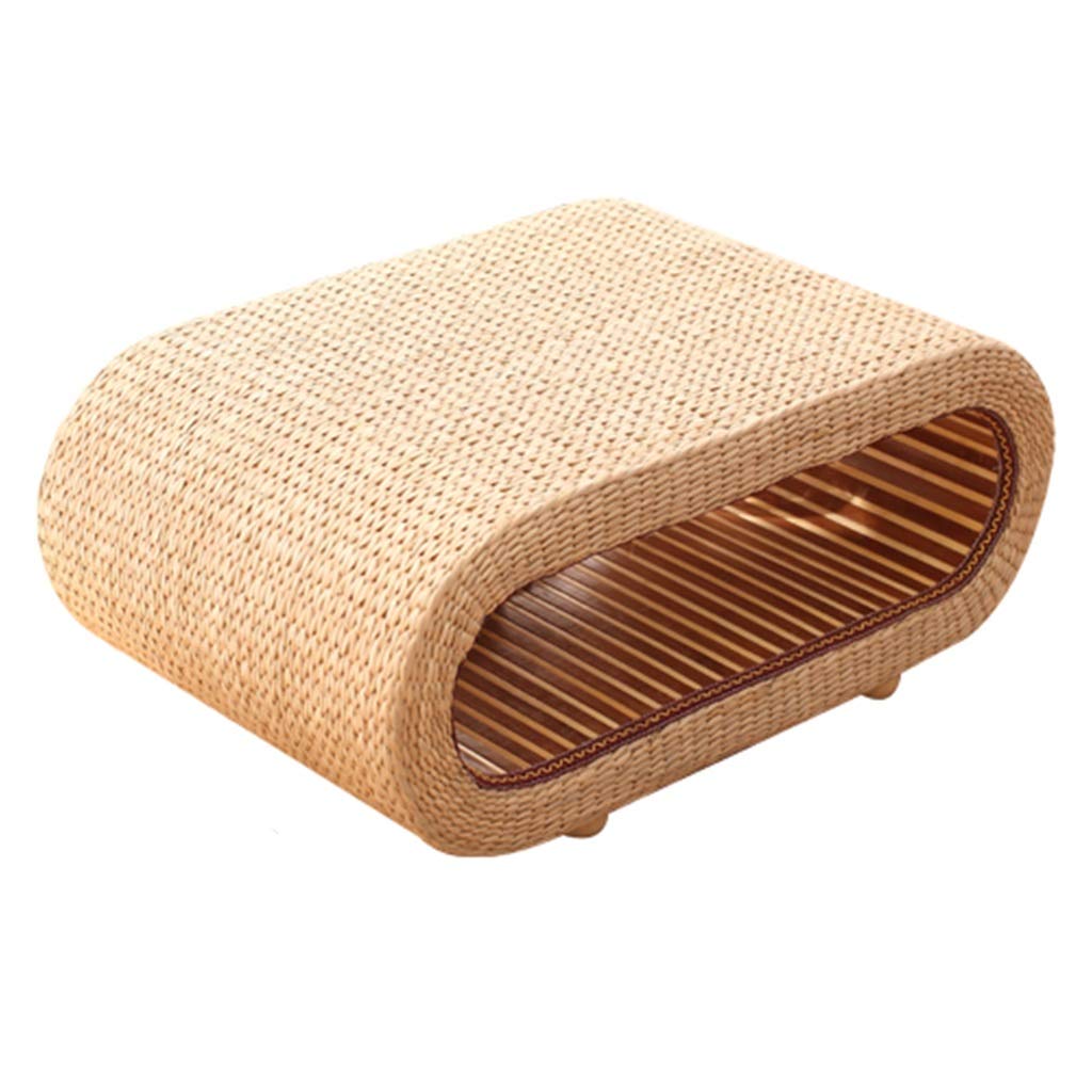 Rattan Coffee Table with Storage - Solid Wood Small Oval Tea Table for Bay Window, Pastoral Desks, Tatami Platform - Brown (80x50x35cm) | Perfect for Living Room, Bedroom, or Balcony Decor