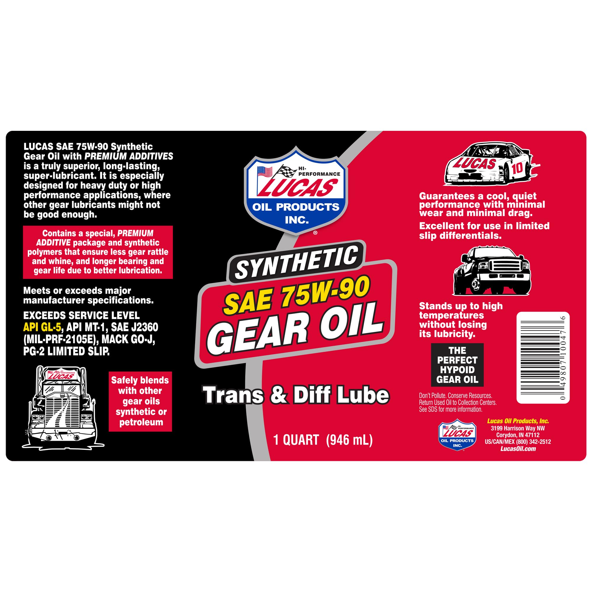 Lucas Oil 10047 SAE 75W-90 Synthetic Gear Oil & Transmission Fluid - High Performance Differential Lubricant for Cars, Trucks & SUVs - 1 Quart Bottle - Ideal for Off-Roading, Towing & Extreme Temperature Conditions