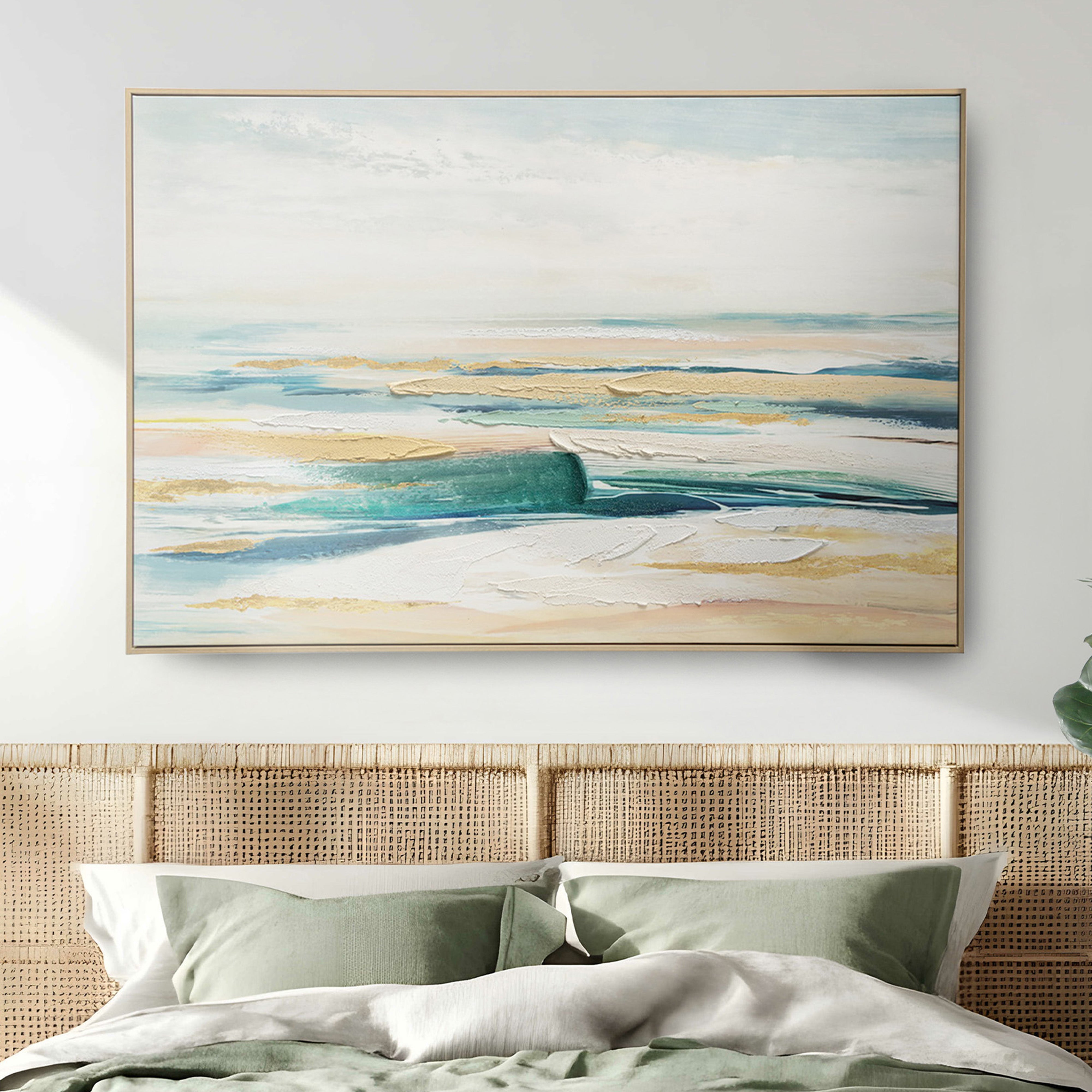 Urban Style Abstract Coastal Brushmarks Embellished Canvas Wall Art - Perfect for Beach House, Living Room & Office Decor