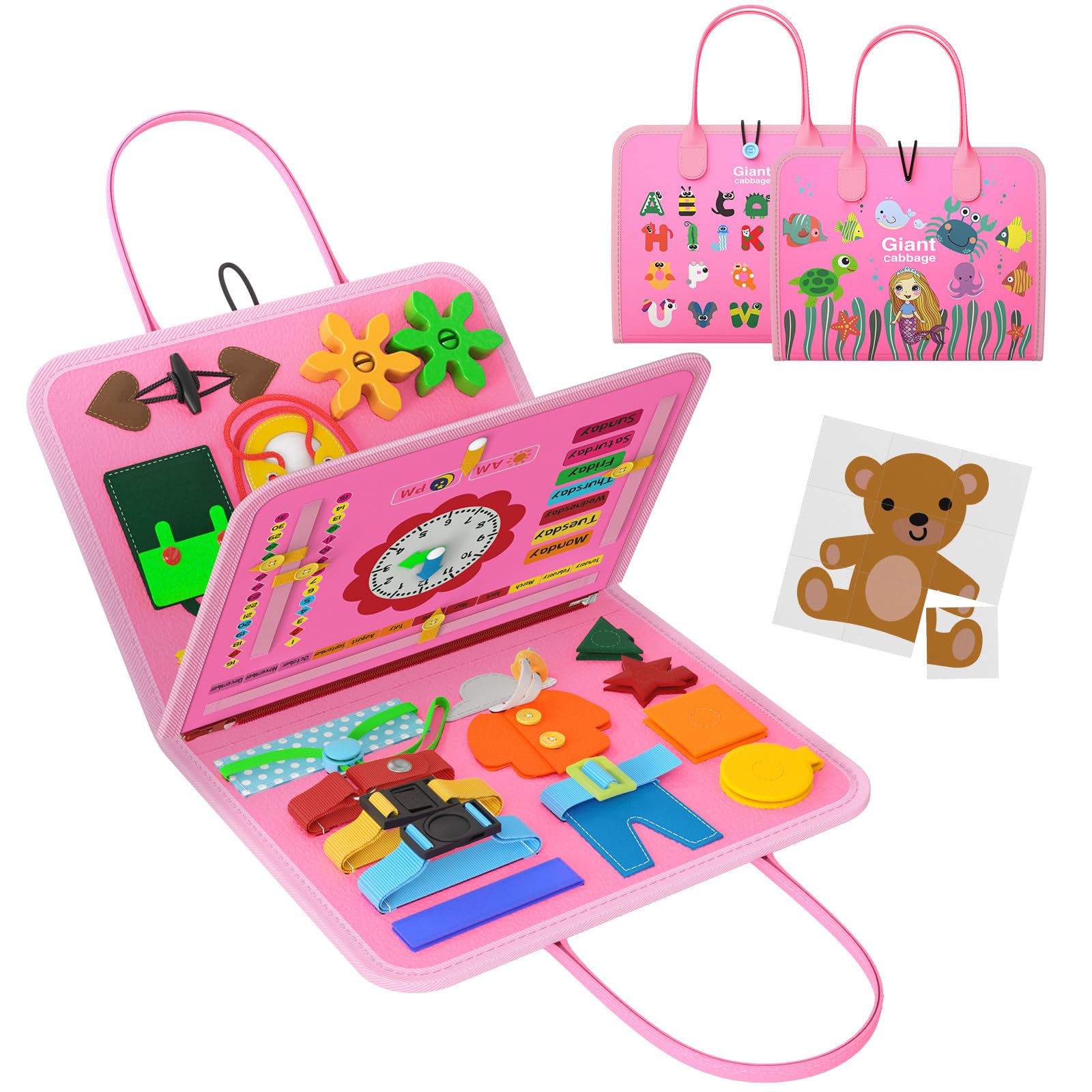 Montessori Busy Board Travel Toys for Toddlers 1-4 Years Old - Educational Learning Activity Toy for Preschool Girls & Boys - Perfect Birthday Gift for 2 3 4 Year Olds (Pink Mermaid Design) - Great for Airplane Travel, Car Rides & Quiet Playtime at Home