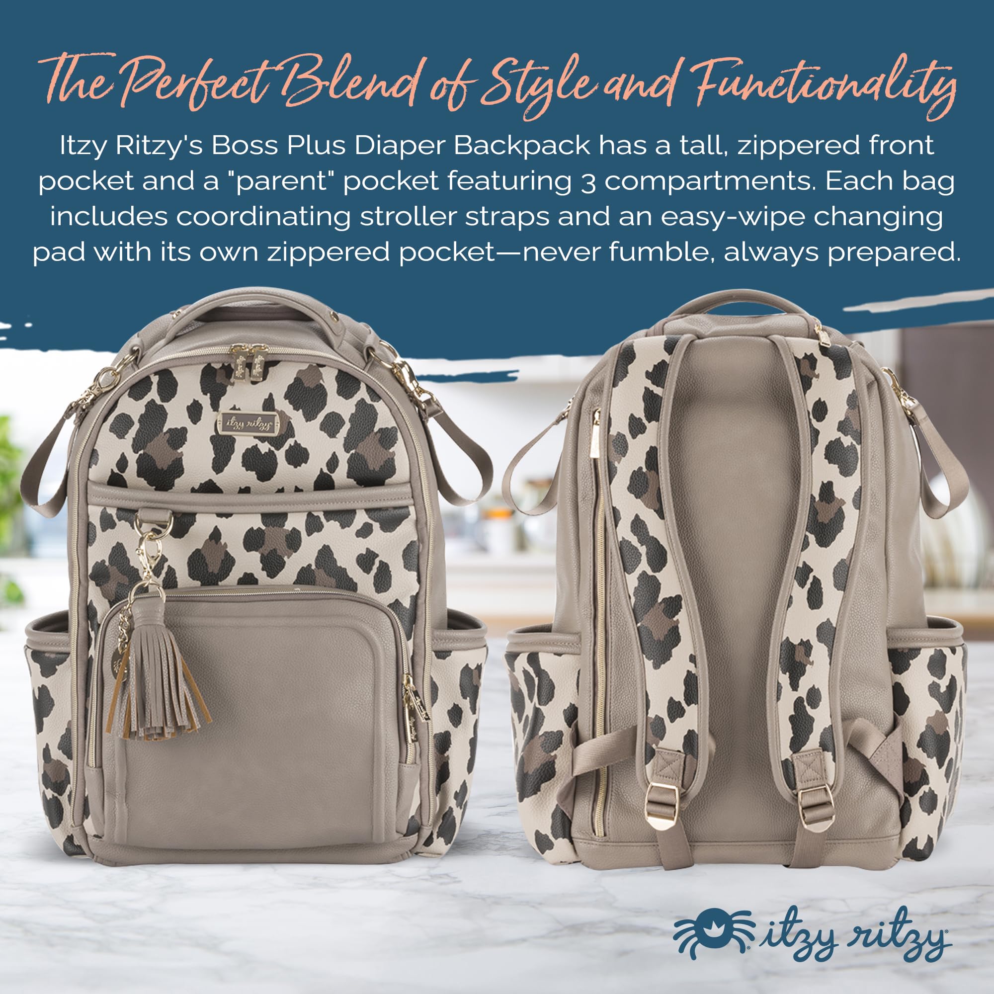 Itzy Ritzy Diaper Bag Backpack - Large Capacity Baby Backpack with 19 Pockets, Changing Pad & Stroller Clips | Comfortable Shoulder Straps | Leopard Print | Perfect for Moms on the Go, Travel & Daily Outings with Baby