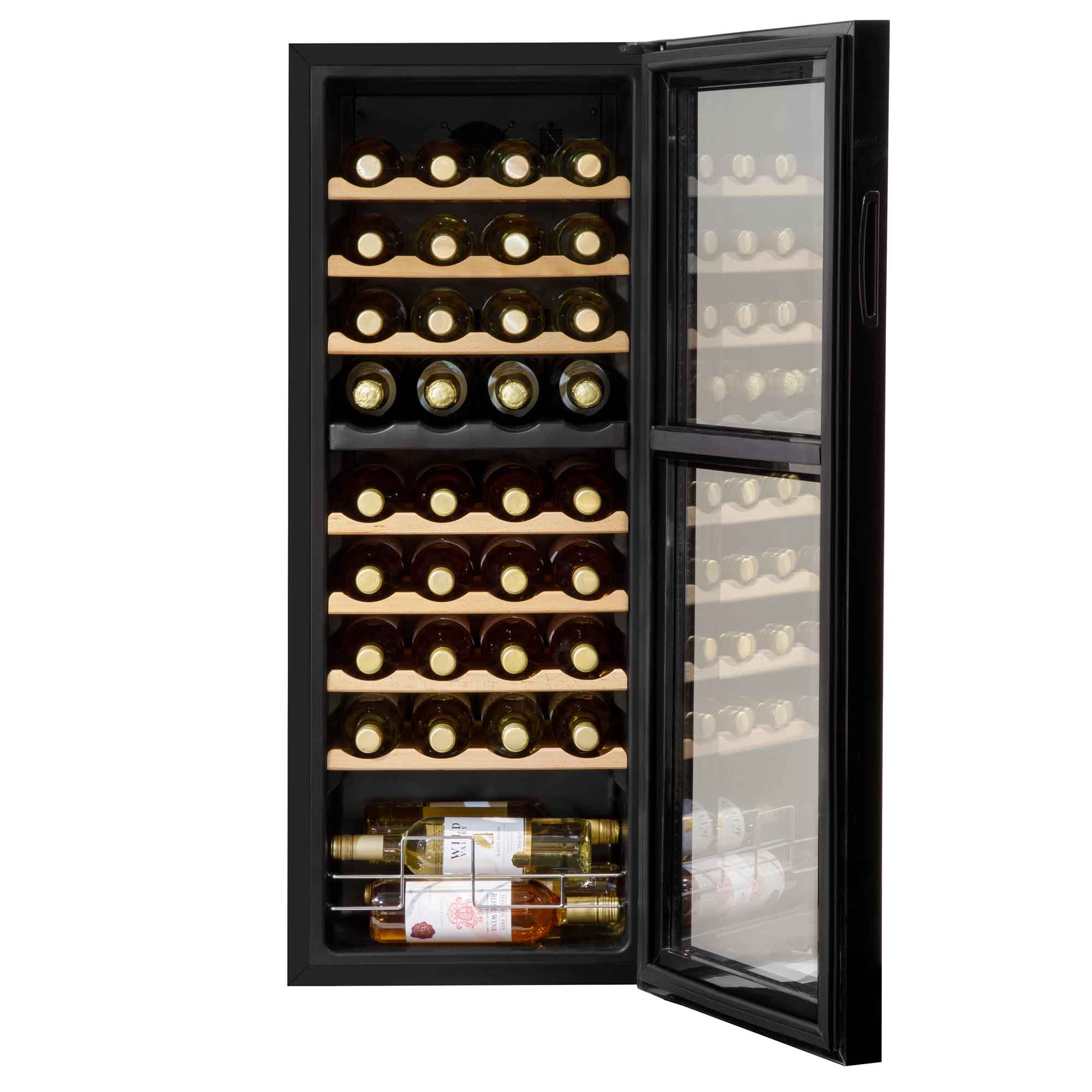 36 Bottle Dual Zone Wine Cooler Refrigerator with Touch Controls & Wooden Shelves - Perfect for Home, Office, or Restaurant Wine Storage and Display