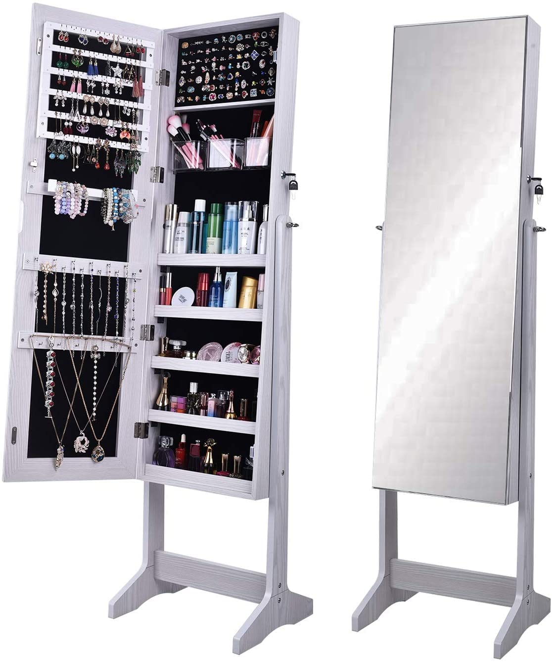 SogesPower Jewelry Storage Cabinet with Full Length Mirror - Wooden Jewelry Organizer with Lock, Hanging Jewelry Box & Makeup Storage Armoire - Perfect Gift for Wives, Brides & Women (Bedroom, Closet, Dressing Room Organization)