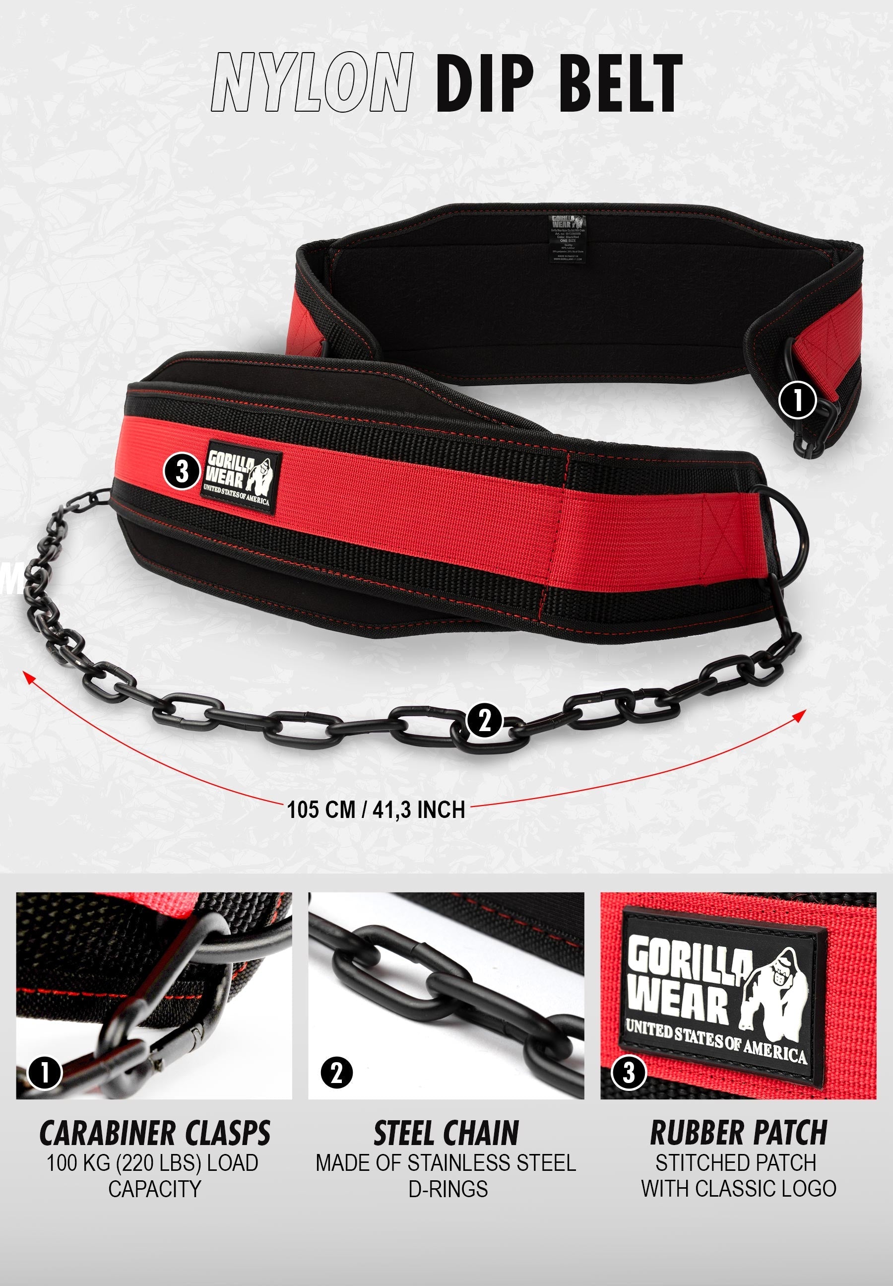 Gorilla Wear Nylon Dip Belt for Weightlifting - Heavy Duty Black Strength Training Belt for CrossFit, Gym & Home Workouts