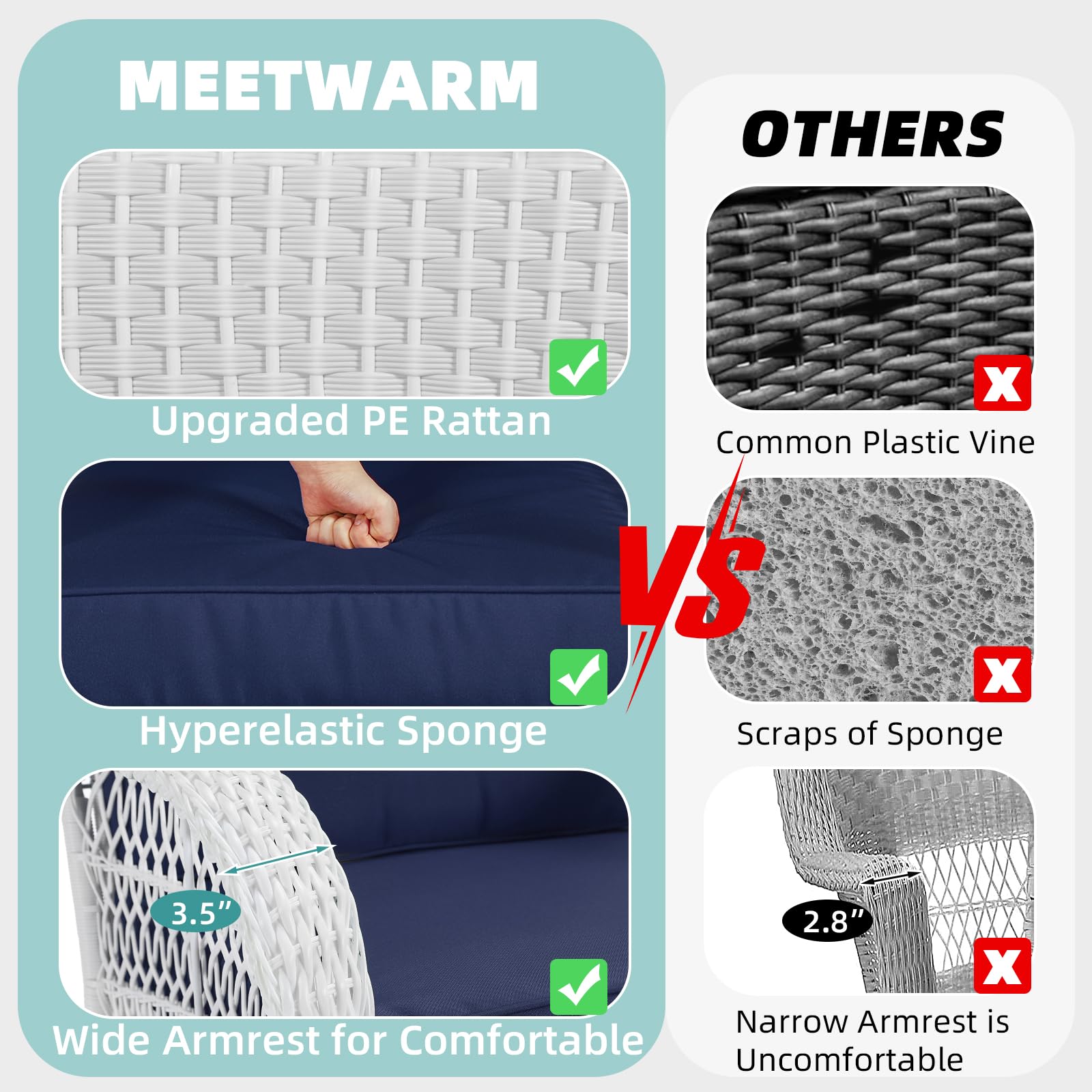 MEETWARM 2-Person Outdoor Wicker Patio Glider Set with Glass-Top Coffee Table & Thickened Cushions - White Wicker/Navy - Perfect for Porch, Garden, Backyard Relaxation and Outdoor Entertaining