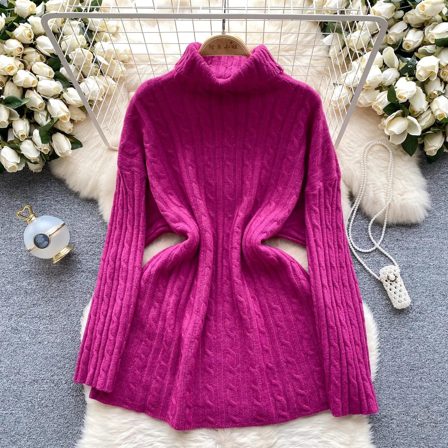 Women's Elegant High Neck Knit Sweater - Warm Winter Pullover with Long Sleeves, Loose Fit Crochet Top for Casual & Office Wear | Cozy Autumn Winter Fashion