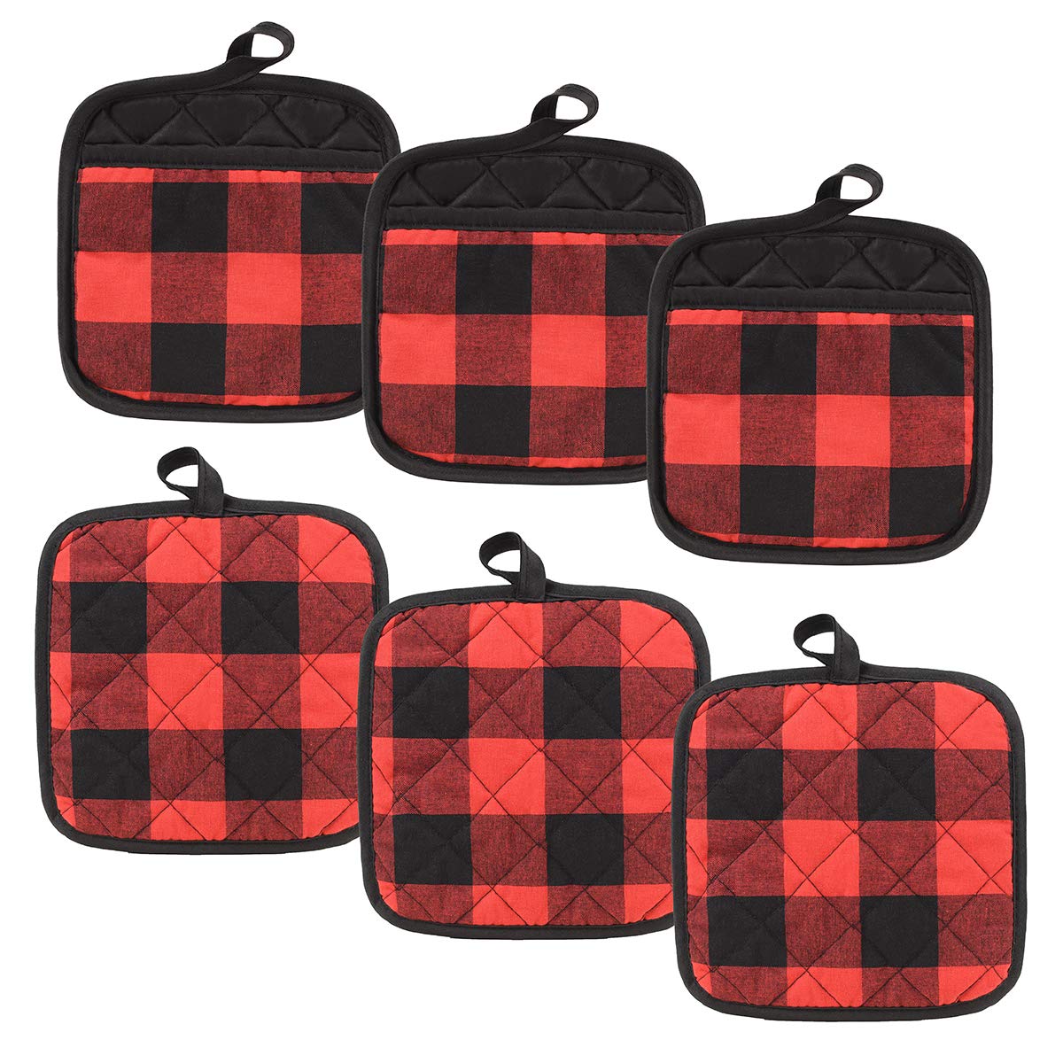 6-Piece Classic Check Pattern Potholders Set - 100% Cotton Heat Resistant Kitchen Mitts with Convenient Pockets for Easy Grip (Red Plaid) - Perfect for Cooking, Baking, and Grilling Protection