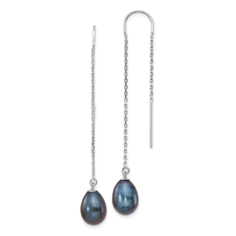 14K White Gold Black Teardrop Freshwater Cultured Pearl Threader Earrings (7-8mm) | Dainty & Elegant Jewelry for Women | Perfect for Weddings, Parties & Special Occasions