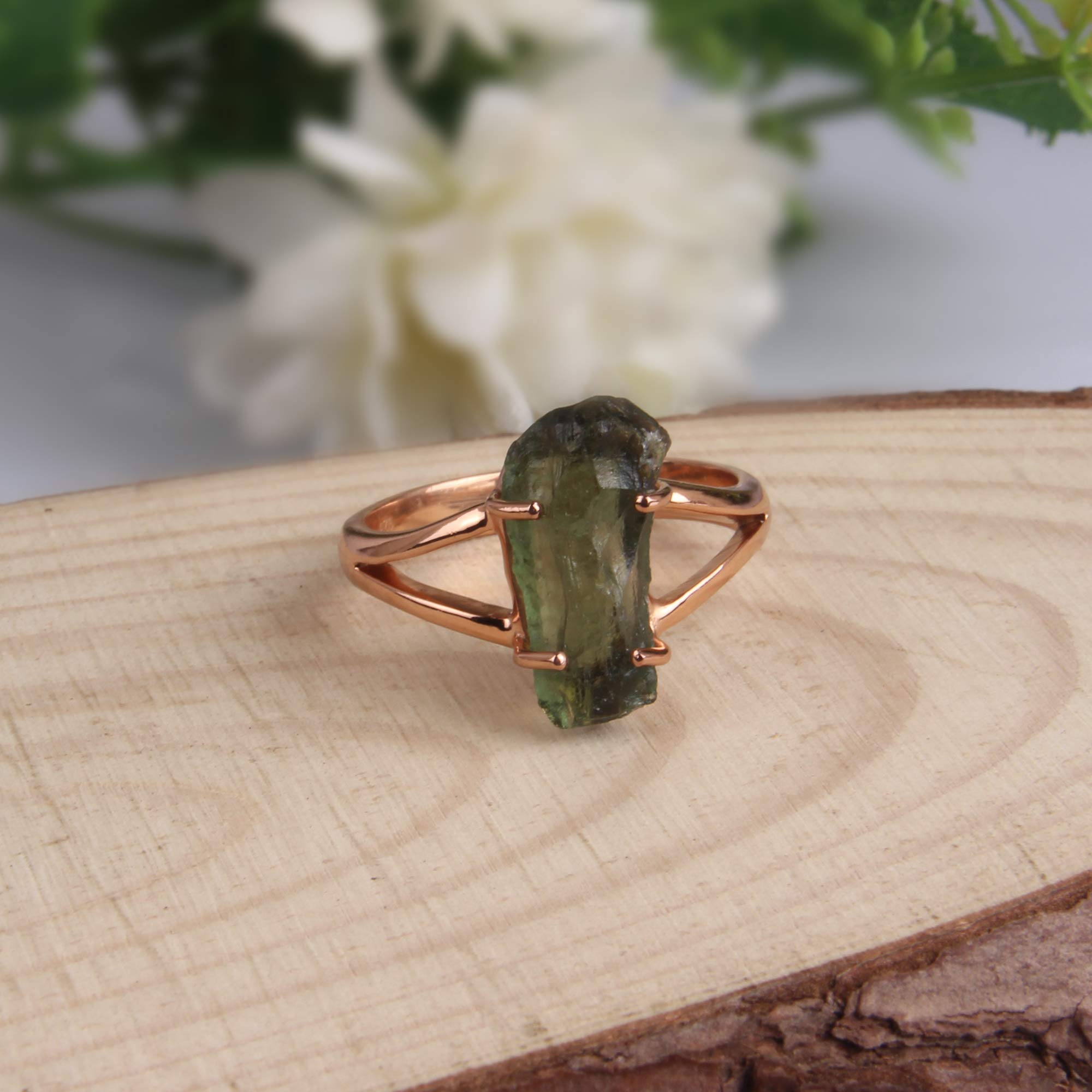 Rose Gold Plated 925 Sterling Silver Moldavite Ring - Genuine Raw Stone Spiritual Jewelry for Stacking, Engagement & Healing | Perfect for Meditation, Energy Work & Special Occasions