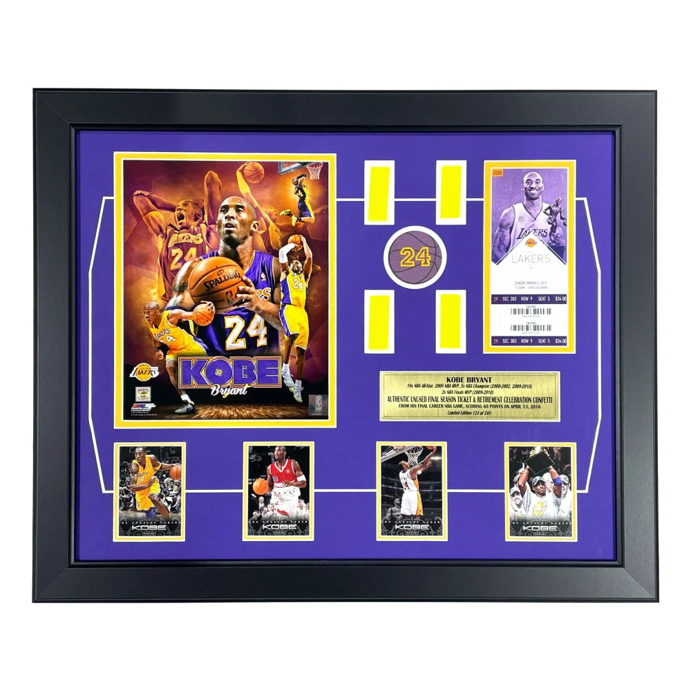 Authentic Kobe Bryant Final Lakers Game Used Confetti & Season Ticket Collage Framed Memorabilia #D/248 - Perfect for Sports Collectors & Lakers Fans Display