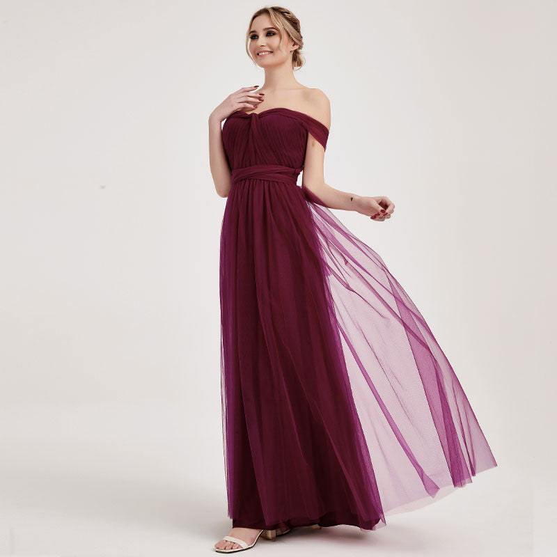Burgundy Multi-Way Sweetheart Tulle Bridesmaid Dress - Adjustable Straps, Flowy Skirt - Perfect for Weddings, Prom, Formal Events & Special Occasions