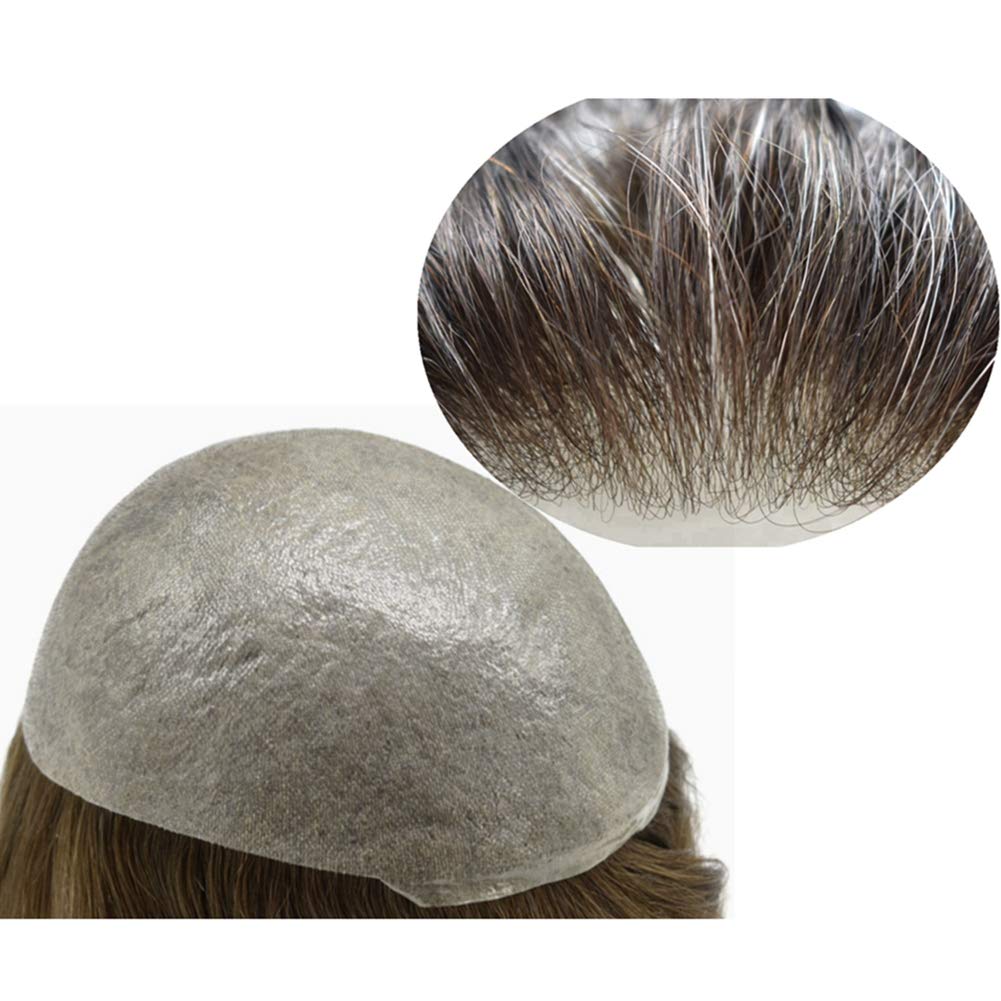 Ultra Thin Skin Toupee for Men - Invisible Hair Replacement System with Poly Hairpiece & PU Base (8x10 Inch, 90% Light Density, 620# Light Brown with 20% Gray) - Natural Looking Hairpiece for Daily Wear & Special Occasions