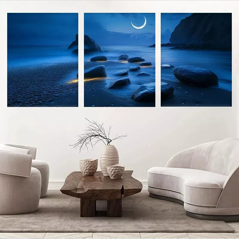 3-Piece Tranquil Ocean Shore with Crescent Moon Wall Art Set - Framed Canvas 40x60cm | High Quality Print | 100% Australian Made | Ready to Hang | Perfect for Living Room, Bedroom & Office Decor