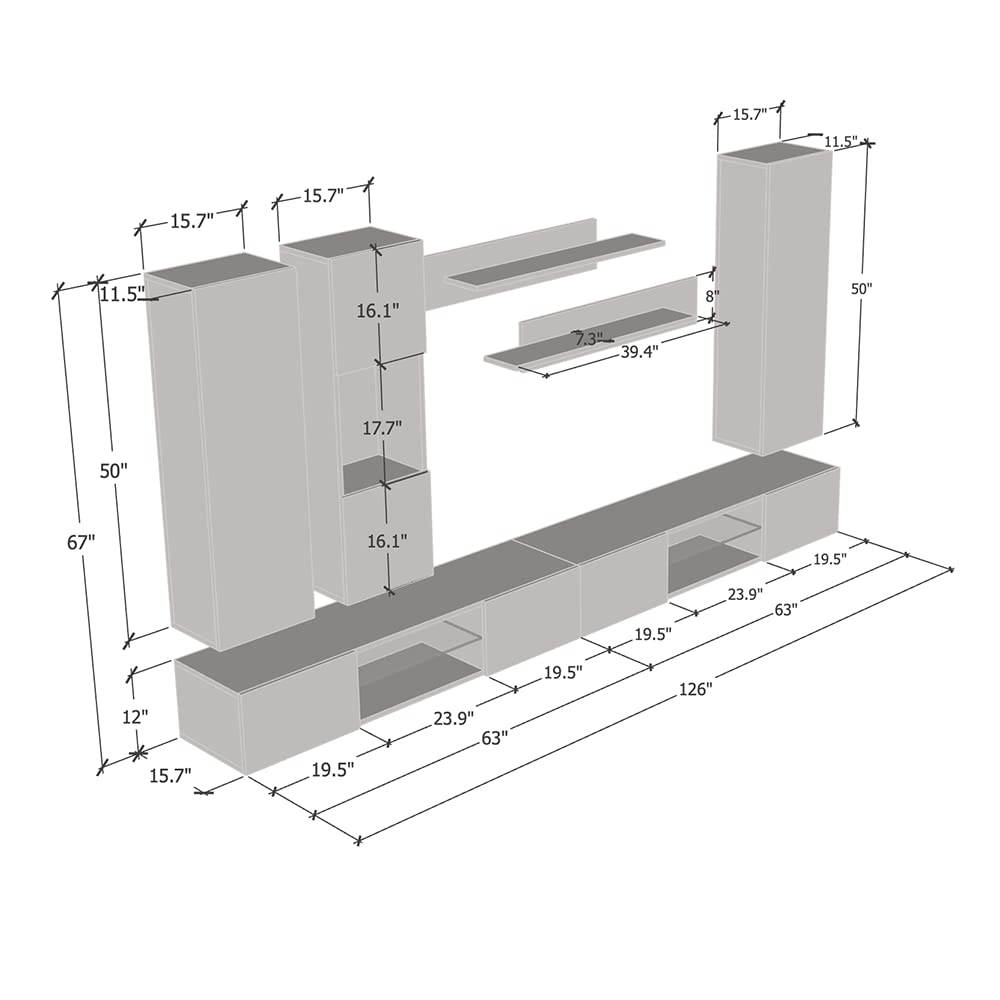 Modern Wall-Mounted TV Stand with Storage Shelves & LED Lights - Fly E 33 Entertainment Center Console for Living Room & Bedroom - Space-Saving Gray TV Cabinet (EF5 Model) - Perfect for Small Apartments & Home Theater Setups