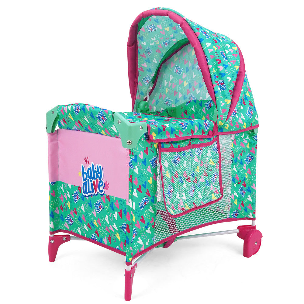 Baby Alive Deluxe Doll Play Yard with Canopy - Green & Pink Hearts Design for Toddlers | Indoor & Outdoor Pretend Play, Backyard Fun, Birthday Gift for Girls