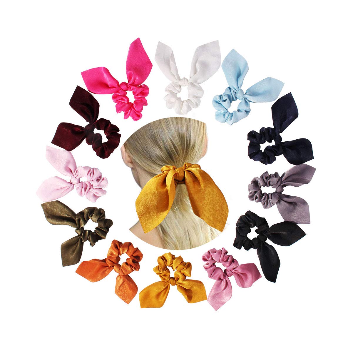Numblartd 12PCS Satin Hair Scrunchies - Solid Color Rabbit Ear Elastic Hair Ties for Women, Ponytail Holders & Bowknot Hair Bands | Perfect for Daily Use, Workouts, and Fashion Accessories