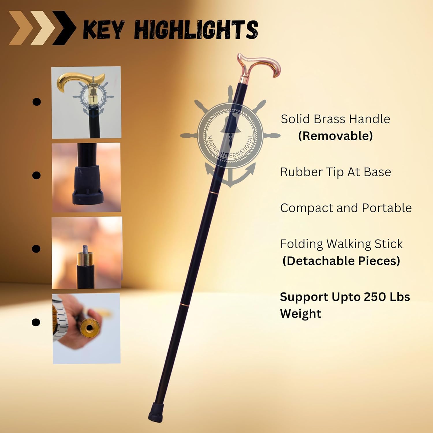 Premium Aluminum & Brass Rosewood Walking Cane - Elegant Full-Size Walking Stick for Men & Women - Perfect for Hiking, Fashion Accessory & Elderly Support