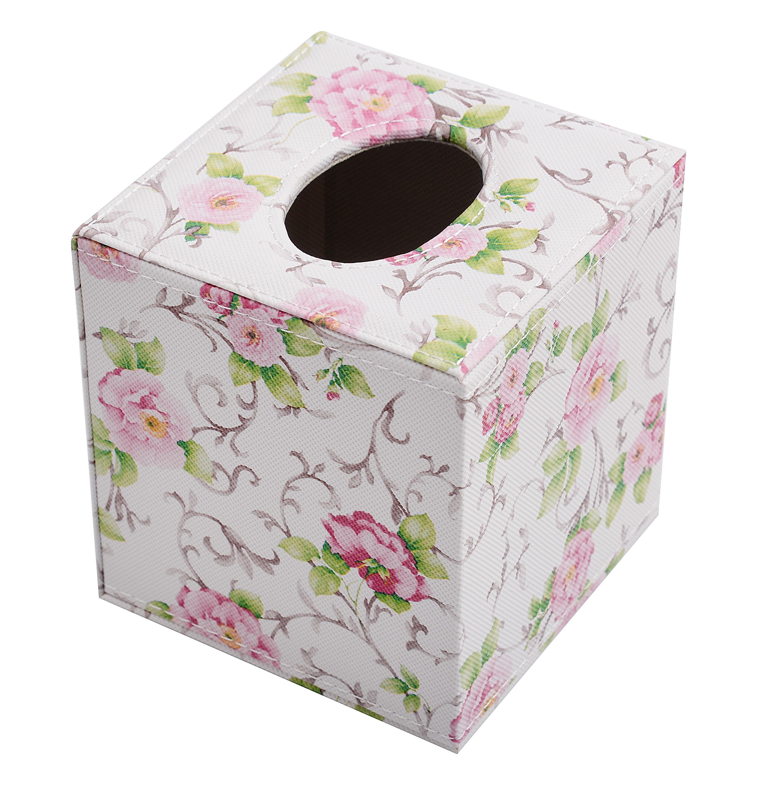 Elegant Floral PU Leather Tissue Box Cover - Square Home Decor with Pink Flower Design | Perfect for Living Room, Bedroom, and Bathroom Organization