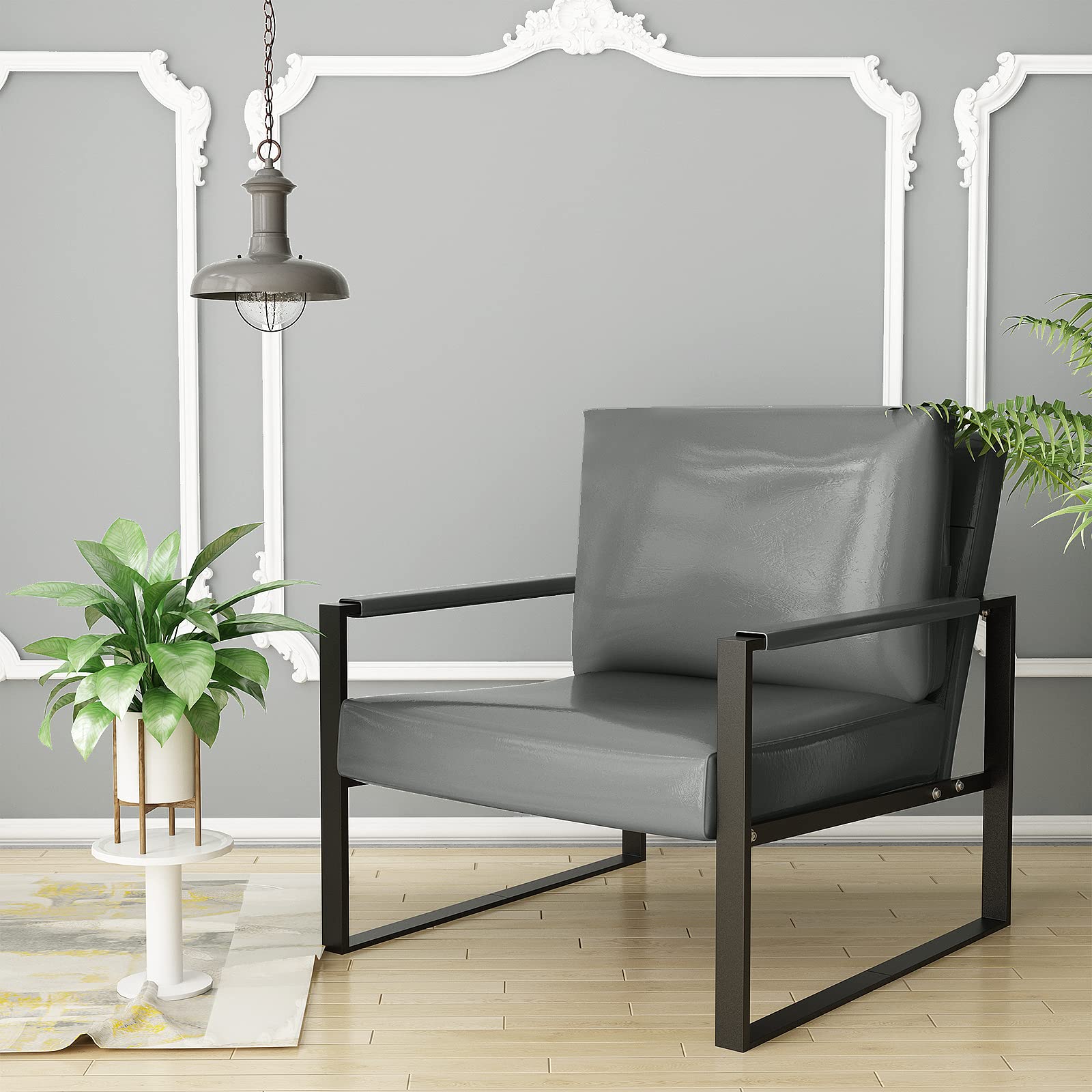Recaceik Mid-Century Modern PU Leather Accent Chair - Extra Large Ergonomic Cushion, Sturdy Metal Frame with Anti-Scratch Foot Pads - Perfect Living Room Armchair for Relaxation & Home Decor