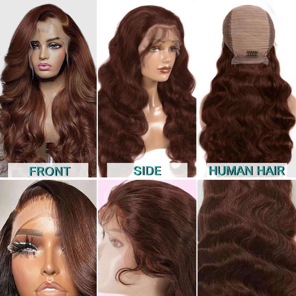 Azkiu 22 Inch Brown Body Wave Lace Front Wig - 150% Density Brazilian Virgin Human Hair with HD Transparent Lace & Pre-Plucked Baby Hair | Natural Look for Daily Wear, Cosplay & Special Occasions