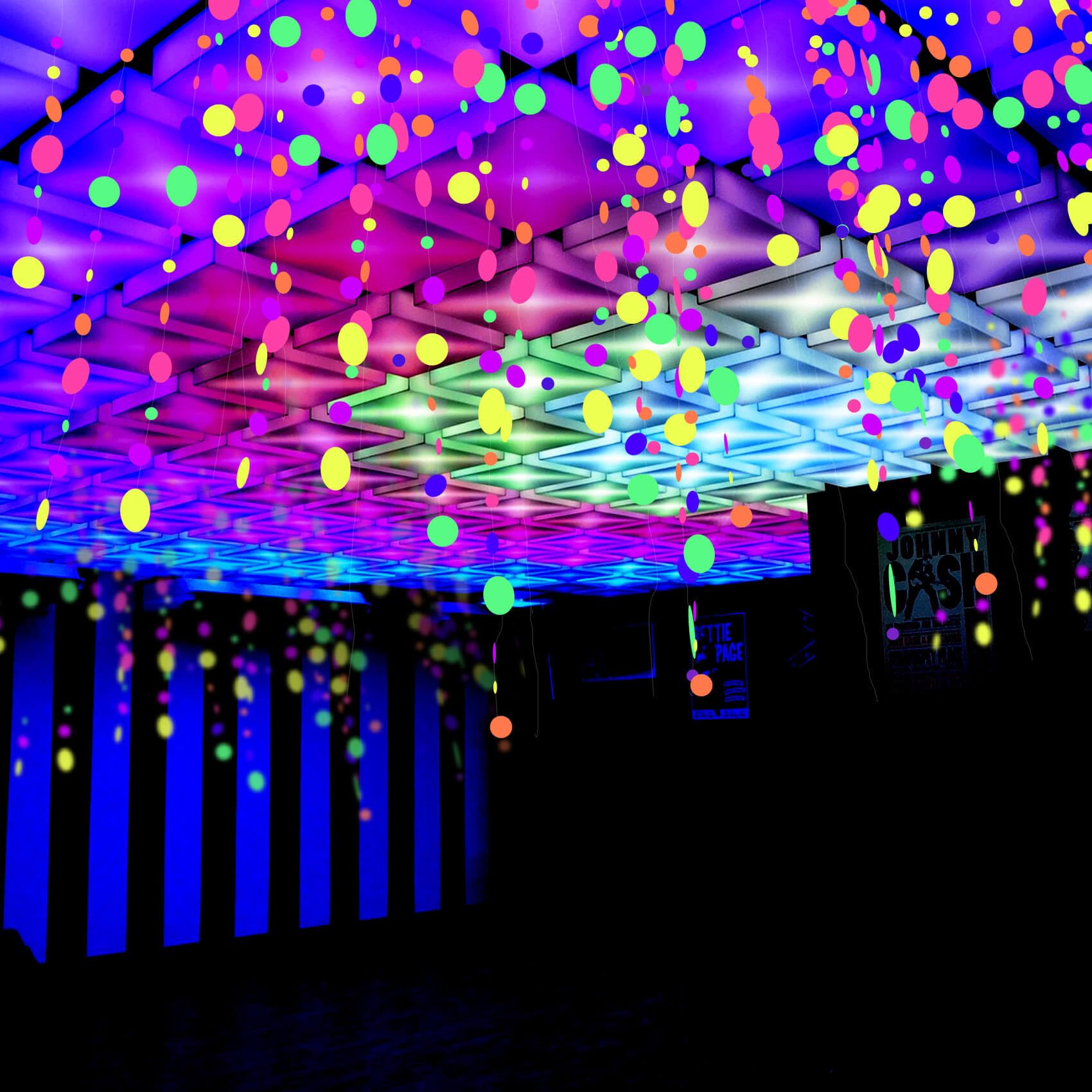 108ft UV Round Dot Neon Paper Streamers - Glow in The Dark Party Decorations for Weddings, Birthdays & Neon Parties | UV Reactive Garland, Glow Party Favors & Neon Banners for Nighttime Celebrations & Club Events